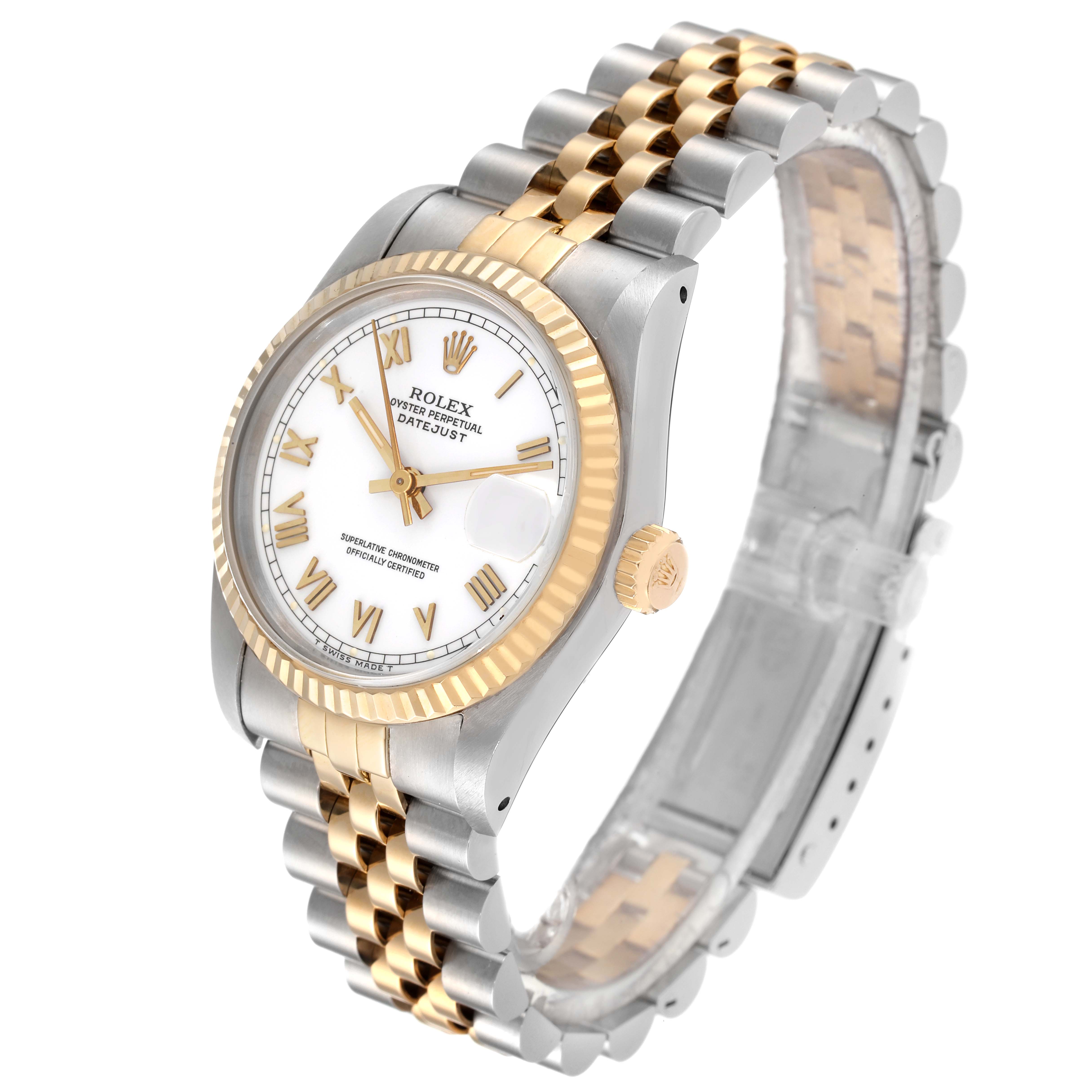 The image shows a Rolex Oyster Perpetual Datejust Mid-Size model angled to display the dial, bezel, crown, and part of the Jubilee bracelet.