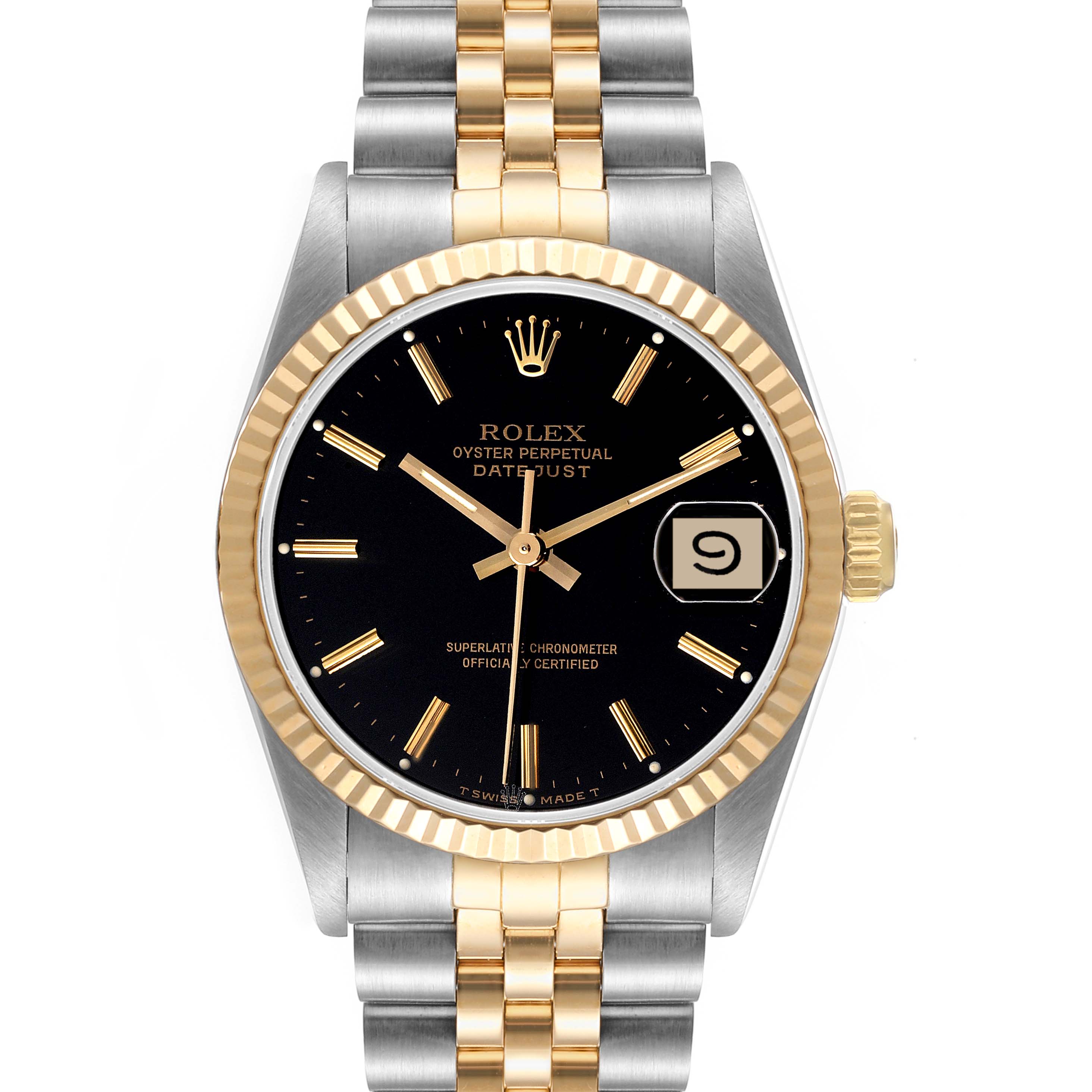 The image shows a frontal view of a Rolex Mid-Size 68273 Women
s Steel and Gold (two tone) Black Dial 68273 Women
s Steel and Gold (two tone) Black Dial Oyster Perpetual Datejust watch, highlighting the black dial, gold bezel, and two-tone bracelet.