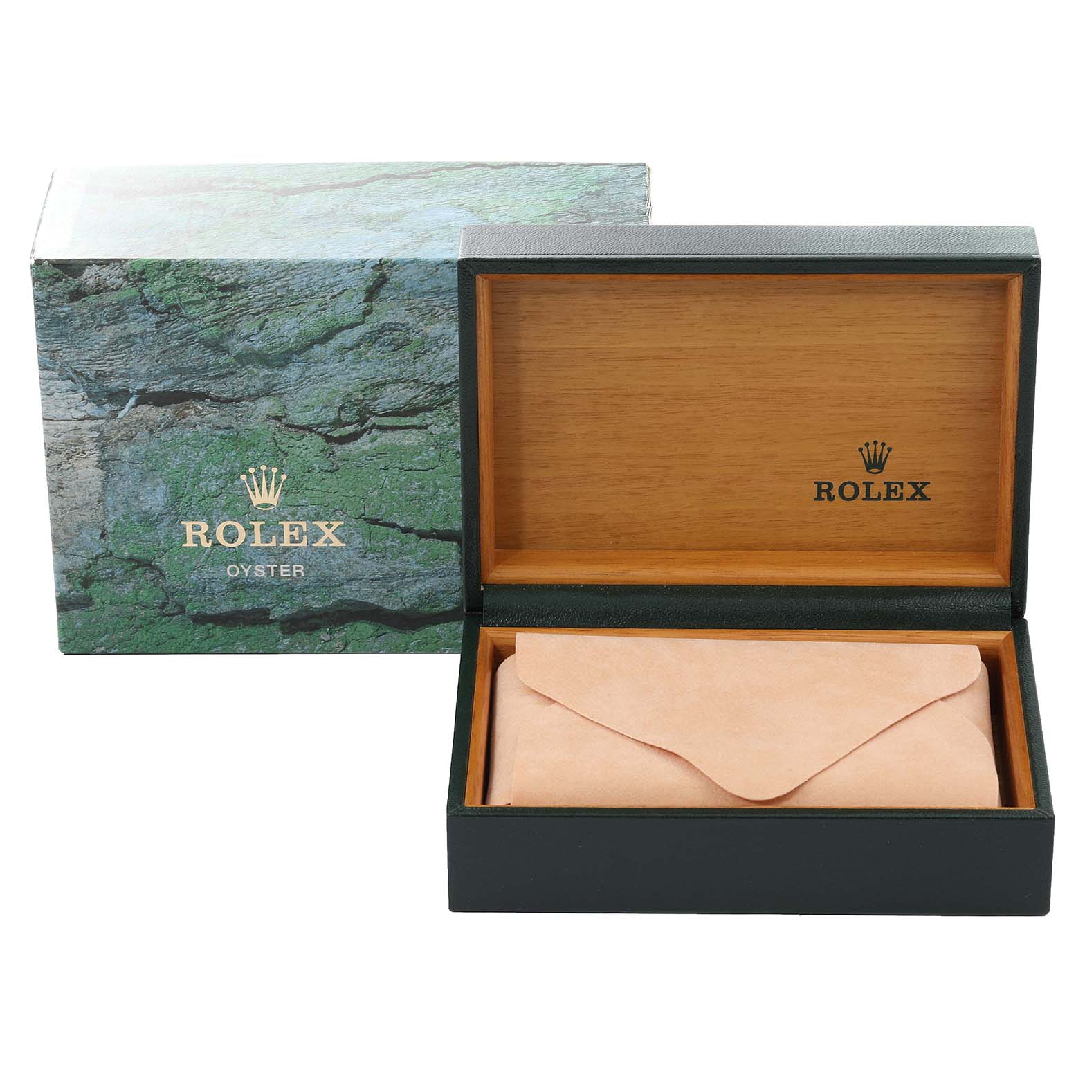 The image shows an open Rolex box and an external box for the Rolex Mid-Size 68273 Women
s Steel and Gold (two tone) Black Dial 68273 Women
s Steel and Gold (two tone) Black Dial watch, showcasing the brand
s packaging.