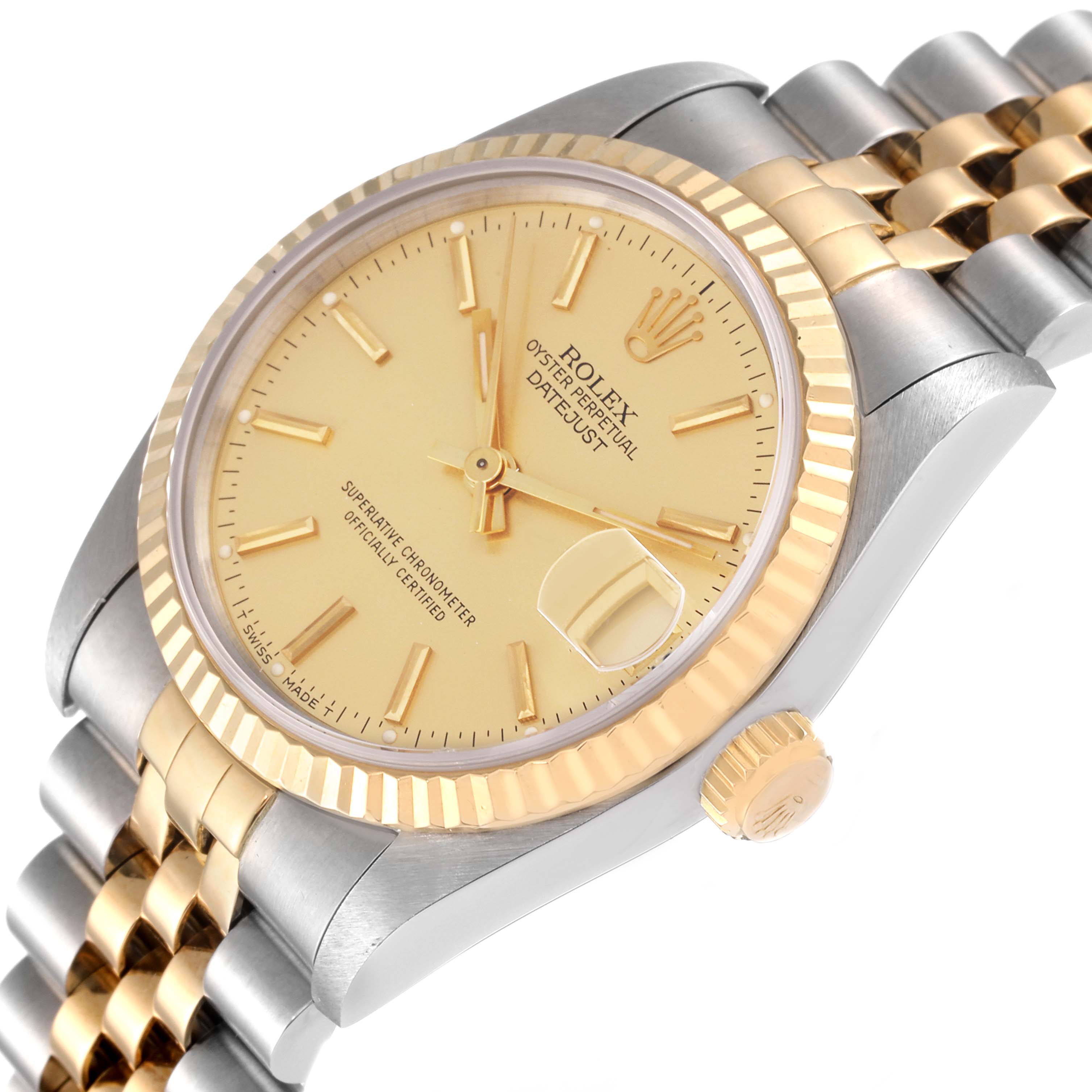 The Rolex Mid-Size 68273 Women
s Steel and Gold (two tone) Champagne Dial 68273 Women
s Steel and Gold (two tone) Champagne Dial watch is shown at a three-quarter angle, highlighting the gold dial, fluted bezel, and two-tone bracelet.