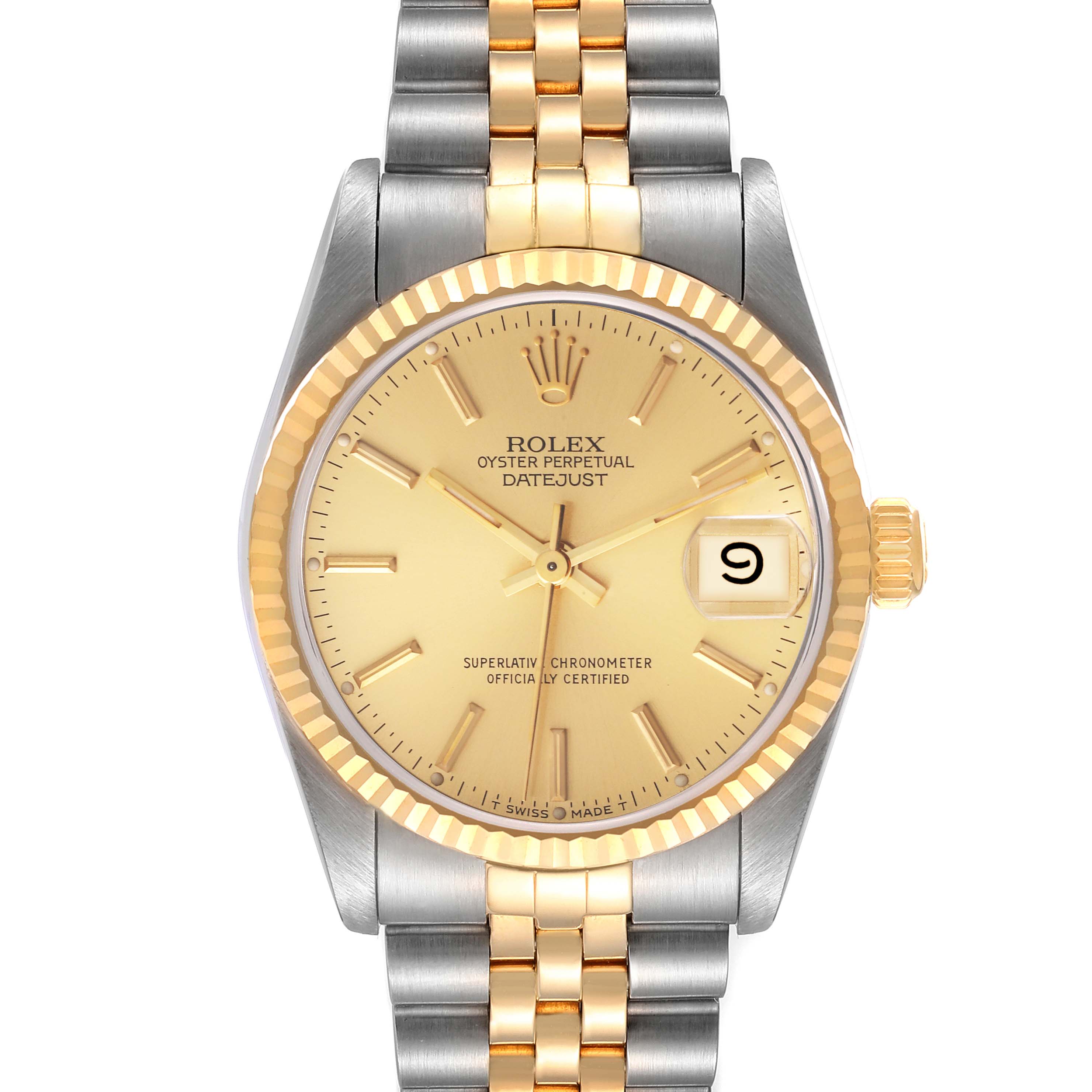 The image shows a front view of a Rolex Mid-Size 68273 Women
s Steel and Gold (two tone) Champagne Dial 68273 Women
s Steel and Gold (two tone) Champagne Dial Datejust watch, featuring a two-tone gold and silver band and a gold dial.