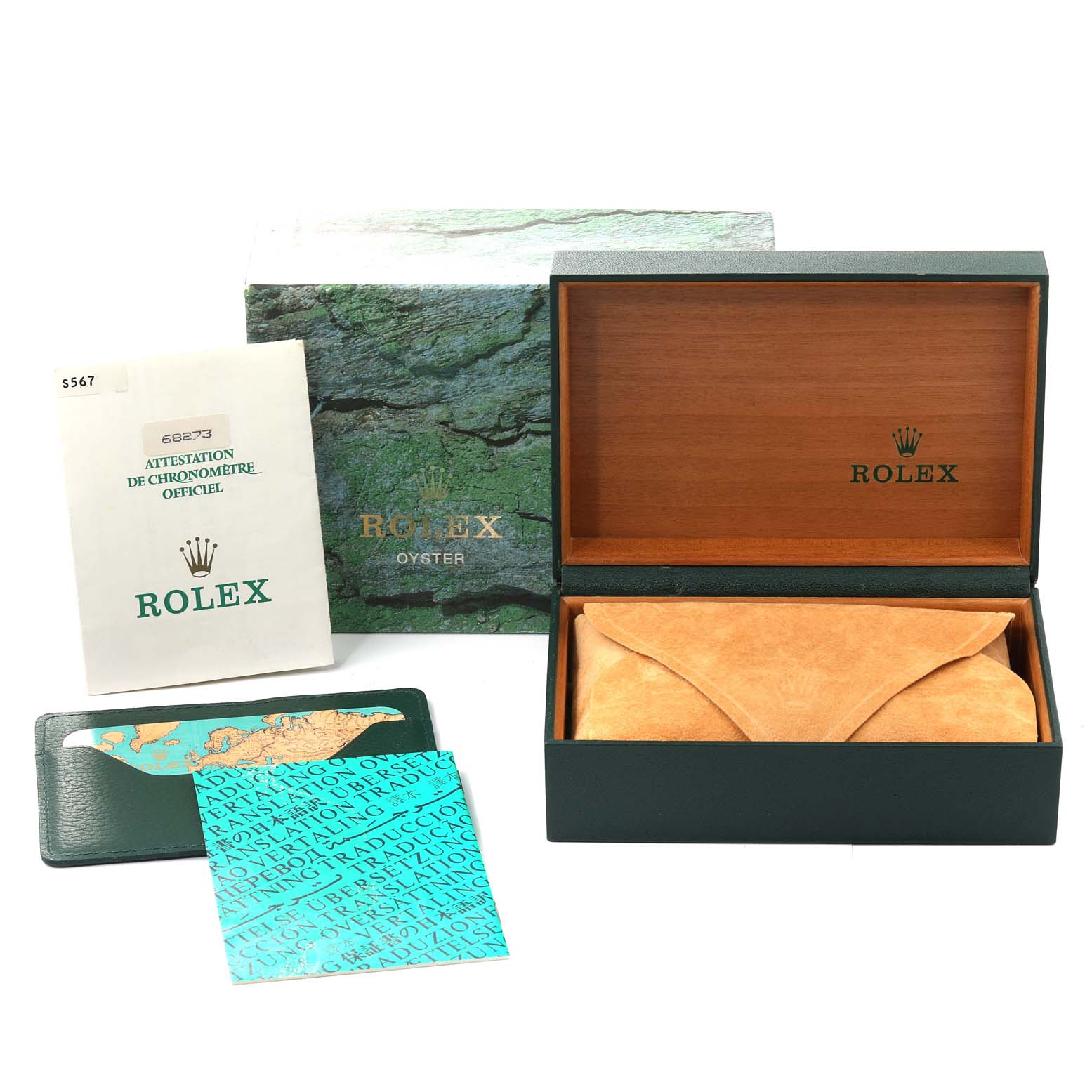 The image shows a boxed set of accessories for a Rolex Mid-Size 68273 Women
s Steel and Gold (two tone) Champagne Dial 68273 Women
s Steel and Gold (two tone) Champagne Dial model, including the outer box, inner wood box, pouch, and documents.
