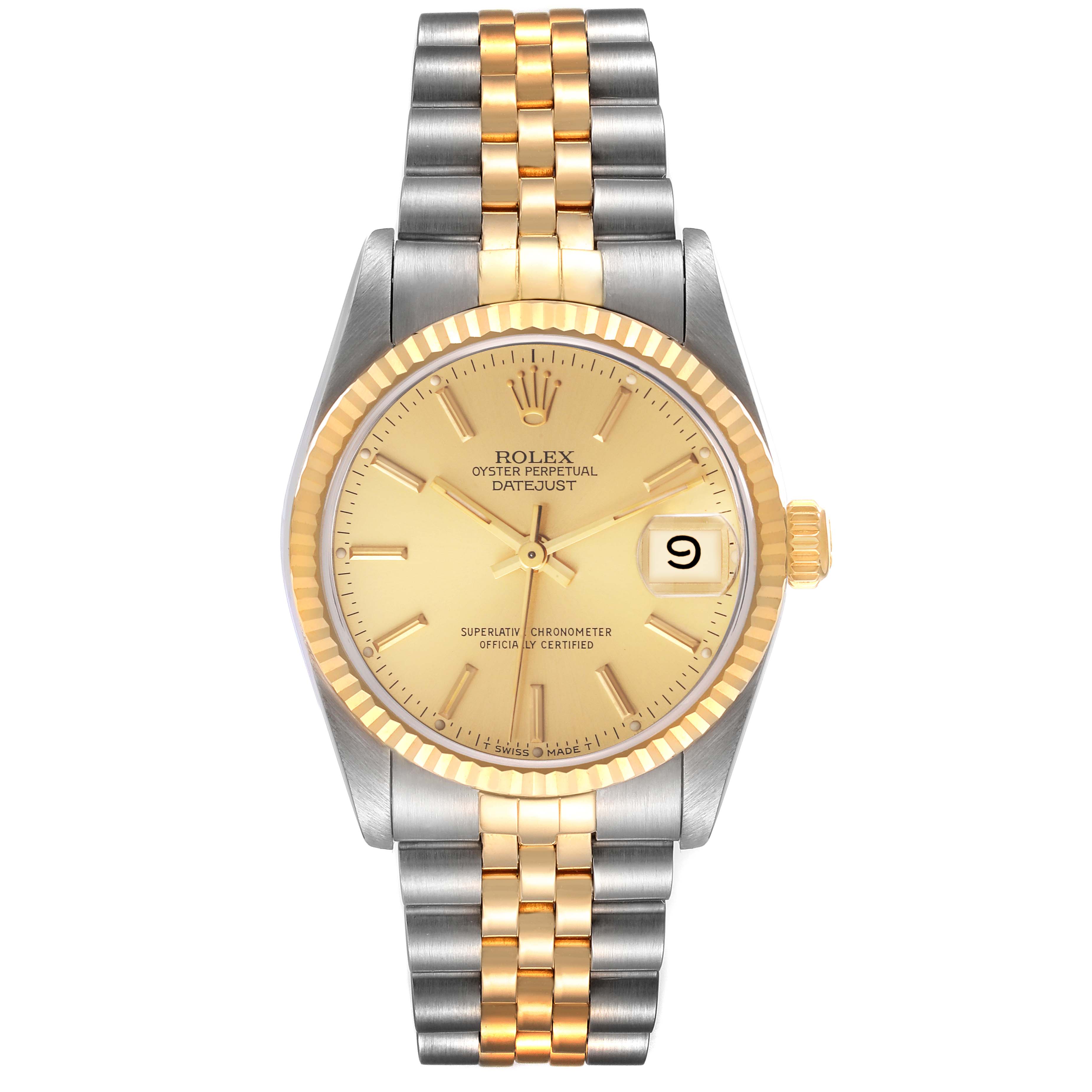 This image shows a Rolex Oyster Perpetual Datejust Mid-Size watch with a gold dial, fluted bezel, and two-tone bracelet, viewed from the front.