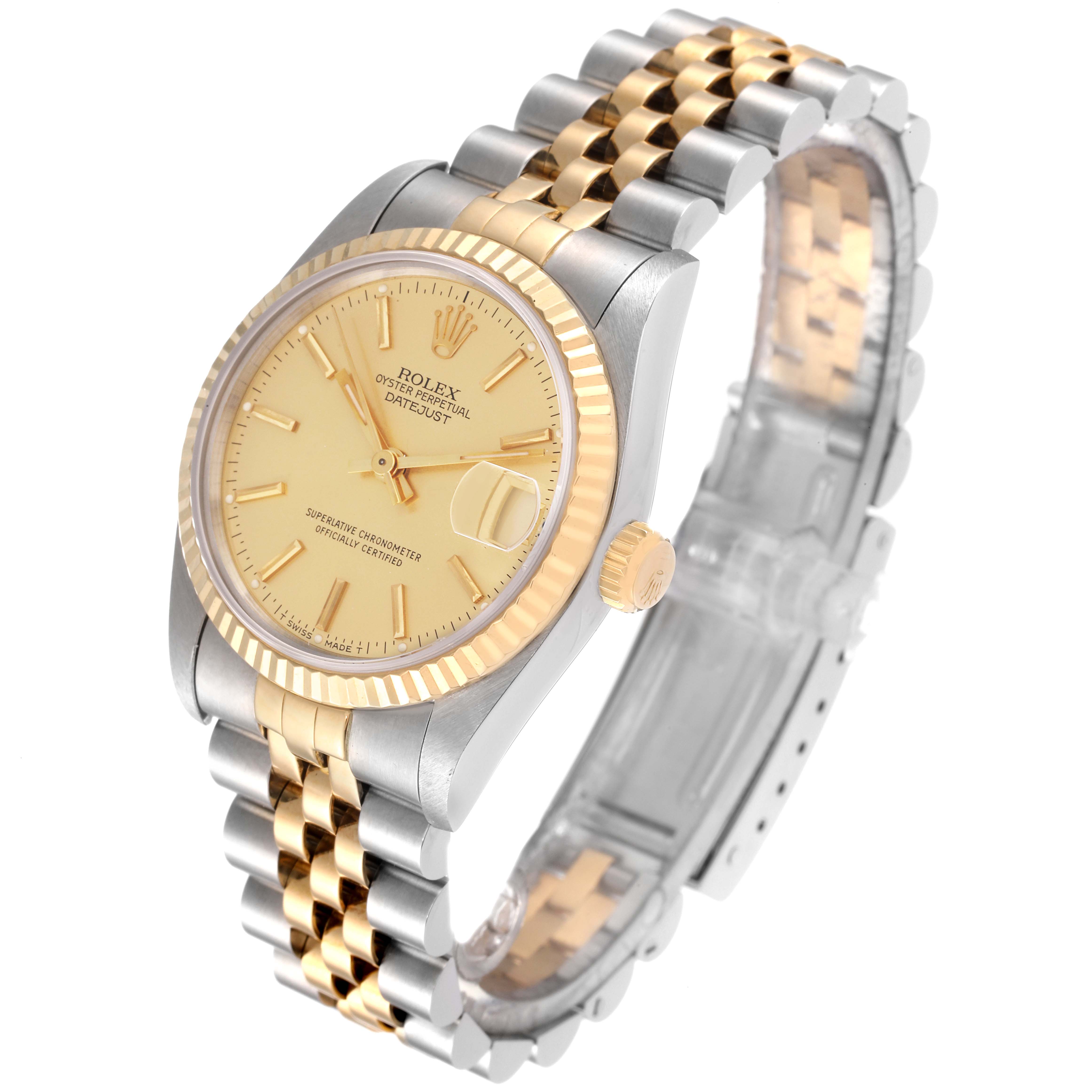 This image shows a Rolex Mid-Size 68273 Women
s Steel and Gold (two tone) Champagne Dial 68273 Women
s Steel and Gold (two tone) Champagne Dial watch at a slight angle, highlighting the face, bezel, and two-tone bracelet.