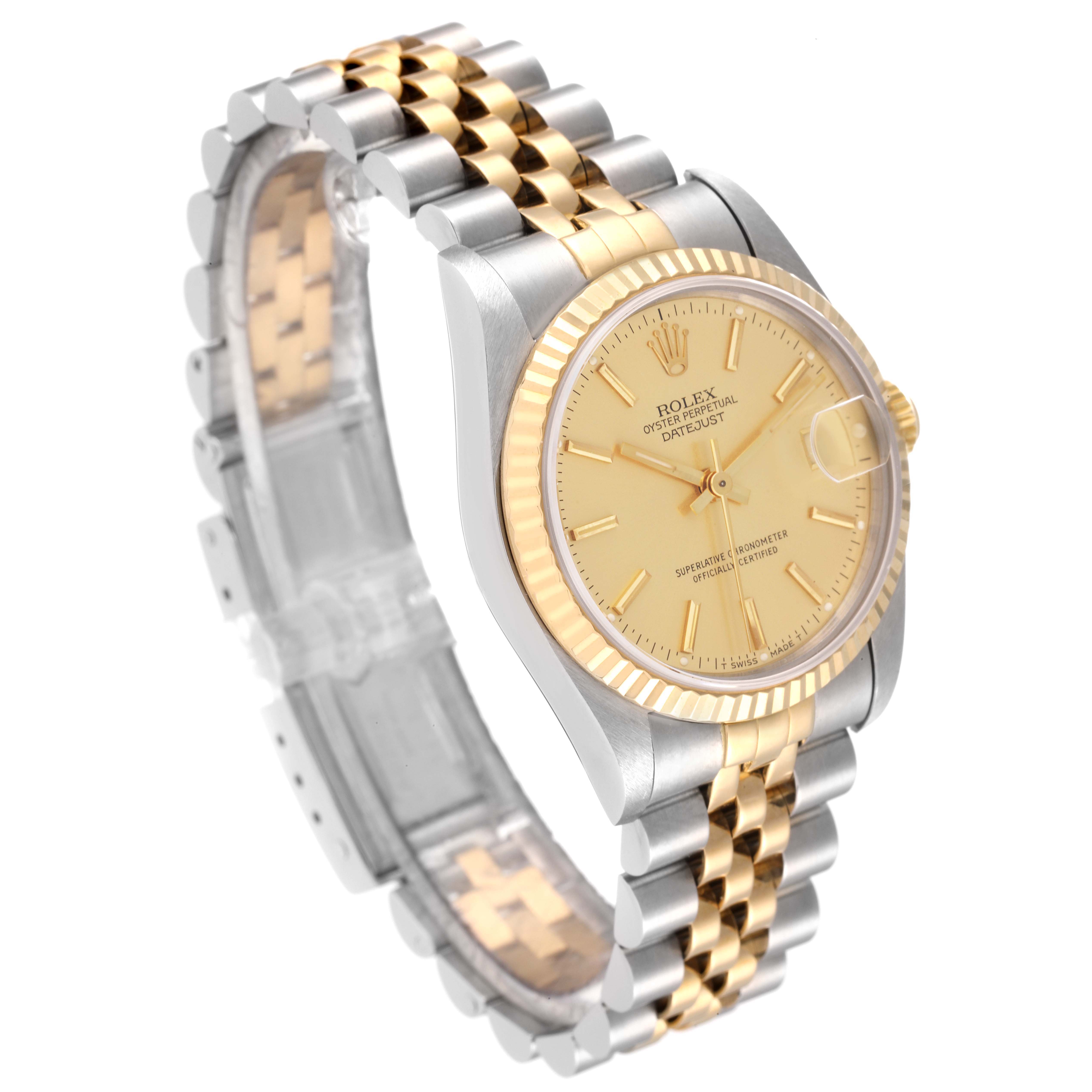 This Rolex Mid-Size 68273 Women
s Steel and Gold (two tone) Champagne Dial 68273 Women
s Steel and Gold (two tone) Champagne Dial model watch is shown at a slight angle, highlighting the gold-tone dial, fluted bezel, and two-tone bracelet.