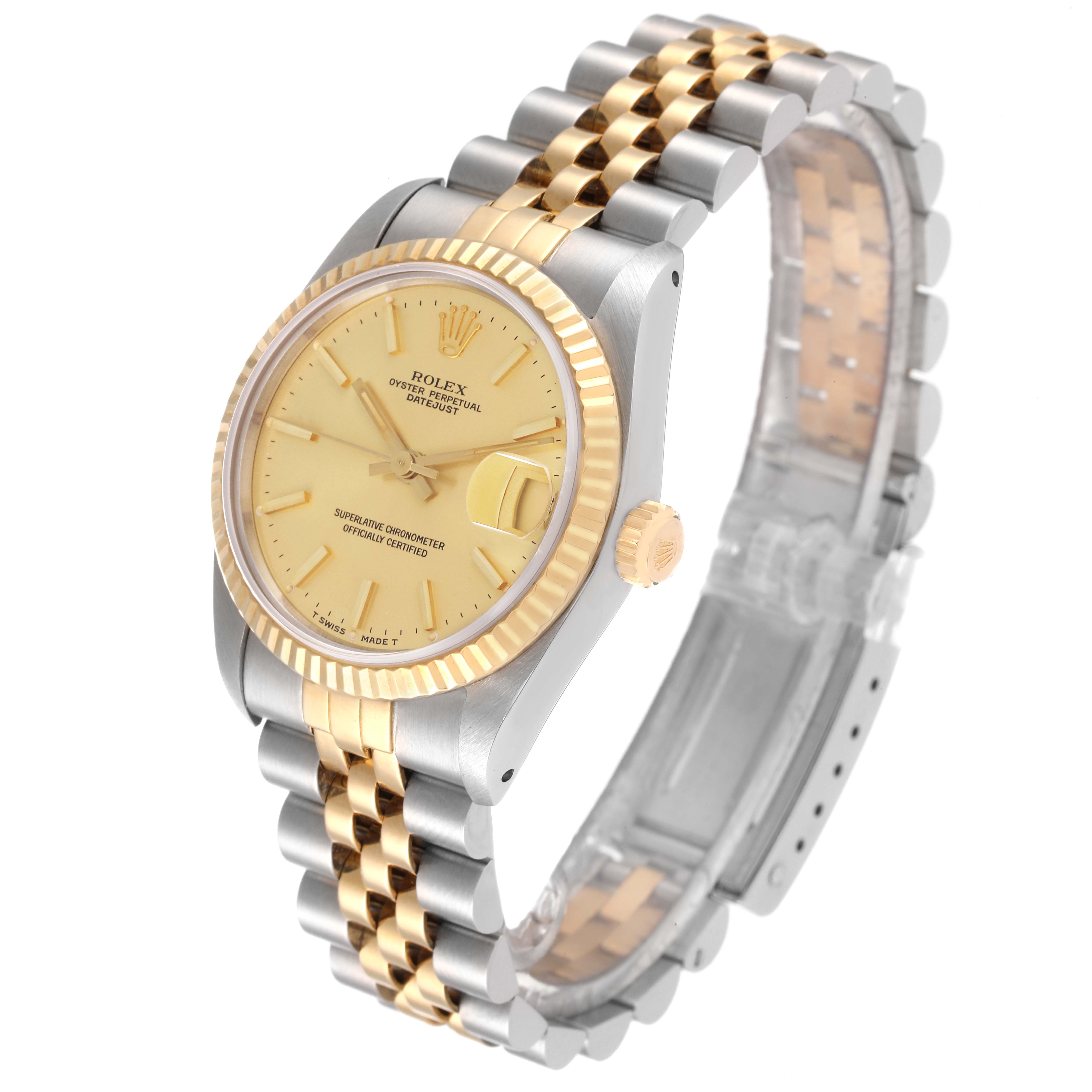 This image shows a Mid-Size Rolex watch at a three-quarter angle, displaying the dial, bezel, crown, and bracelet.