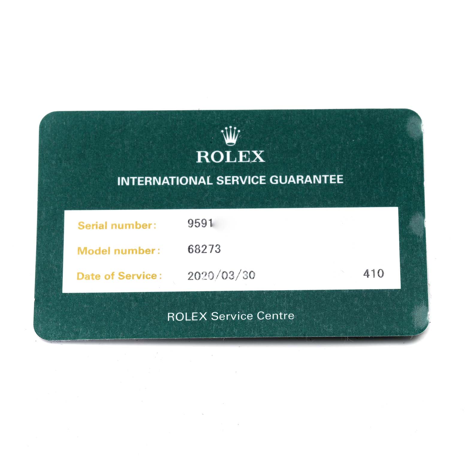 This image shows a Rolex International Service Guarantee card for the Mid-Size model 68273.