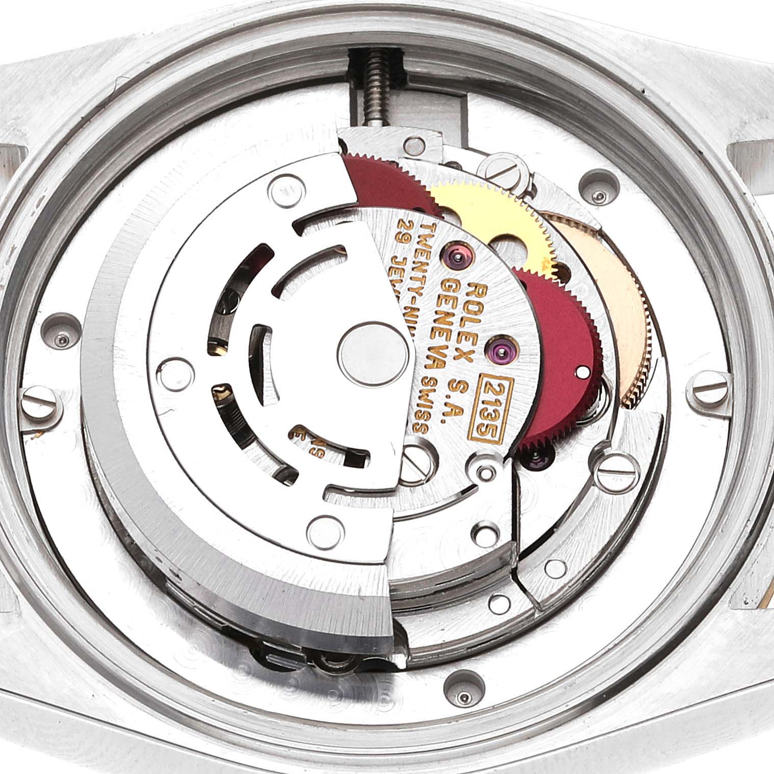 The image shows a detailed view of the Rolex Mid-Size 68273 Women
s Steel and Gold (two tone) Champagne Dial 68273 Women
s Steel and Gold (two tone) Champagne Dial model
s internal movement components from the back.