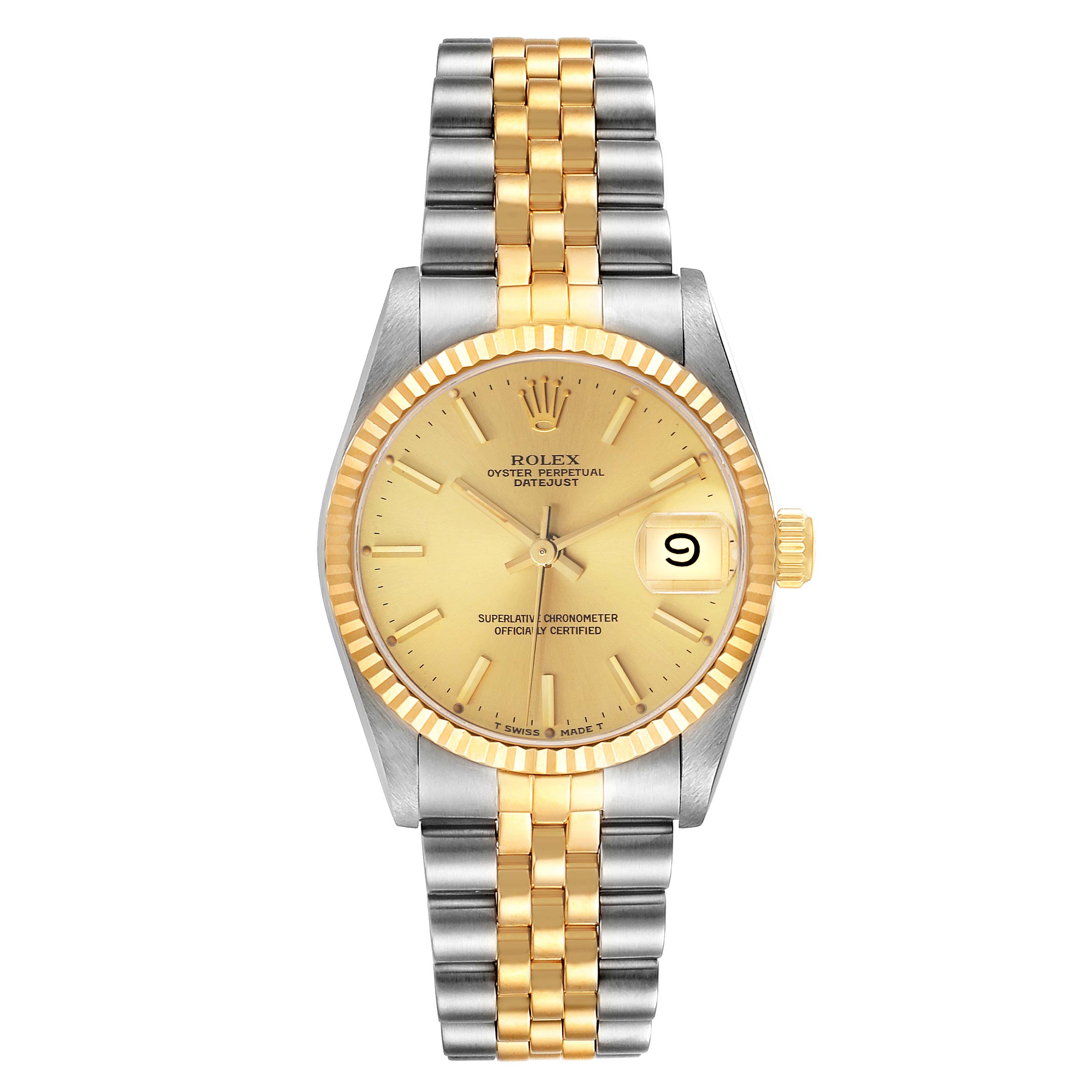 The image shows a front view of a Rolex Mid-Size 68273 Women
s Steel and Gold (two tone) Champagne Dial 68273 Women
s Steel and Gold (two tone) Champagne Dial Oyster Perpetual Datejust watch, displaying the dial, bezel, and bracelet.
