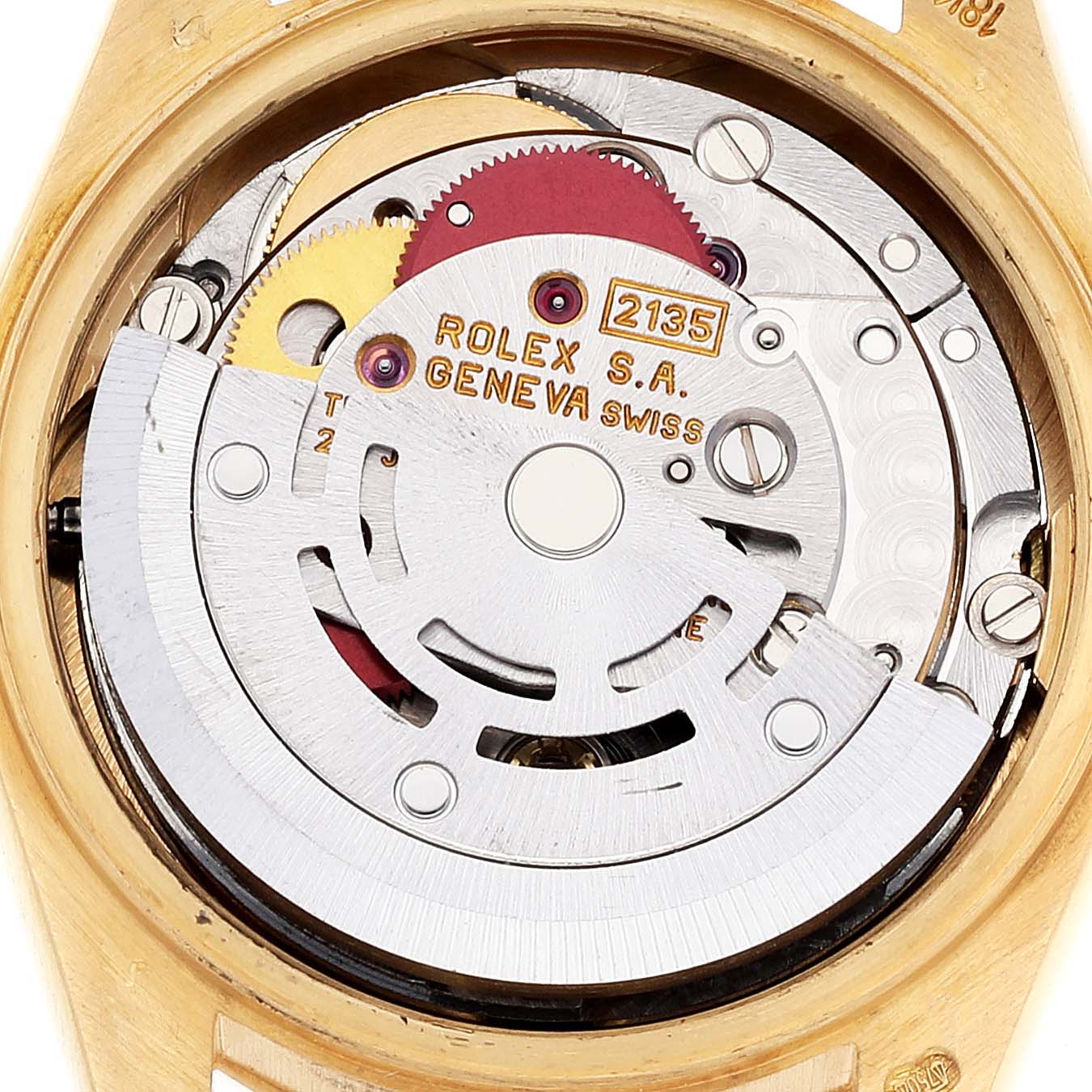 This image shows a close-up view of the movement mechanism inside a Rolex President 69178 Women's Yellow Gold White Dial 69178 Women's Yellow Gold White Dial model watch.