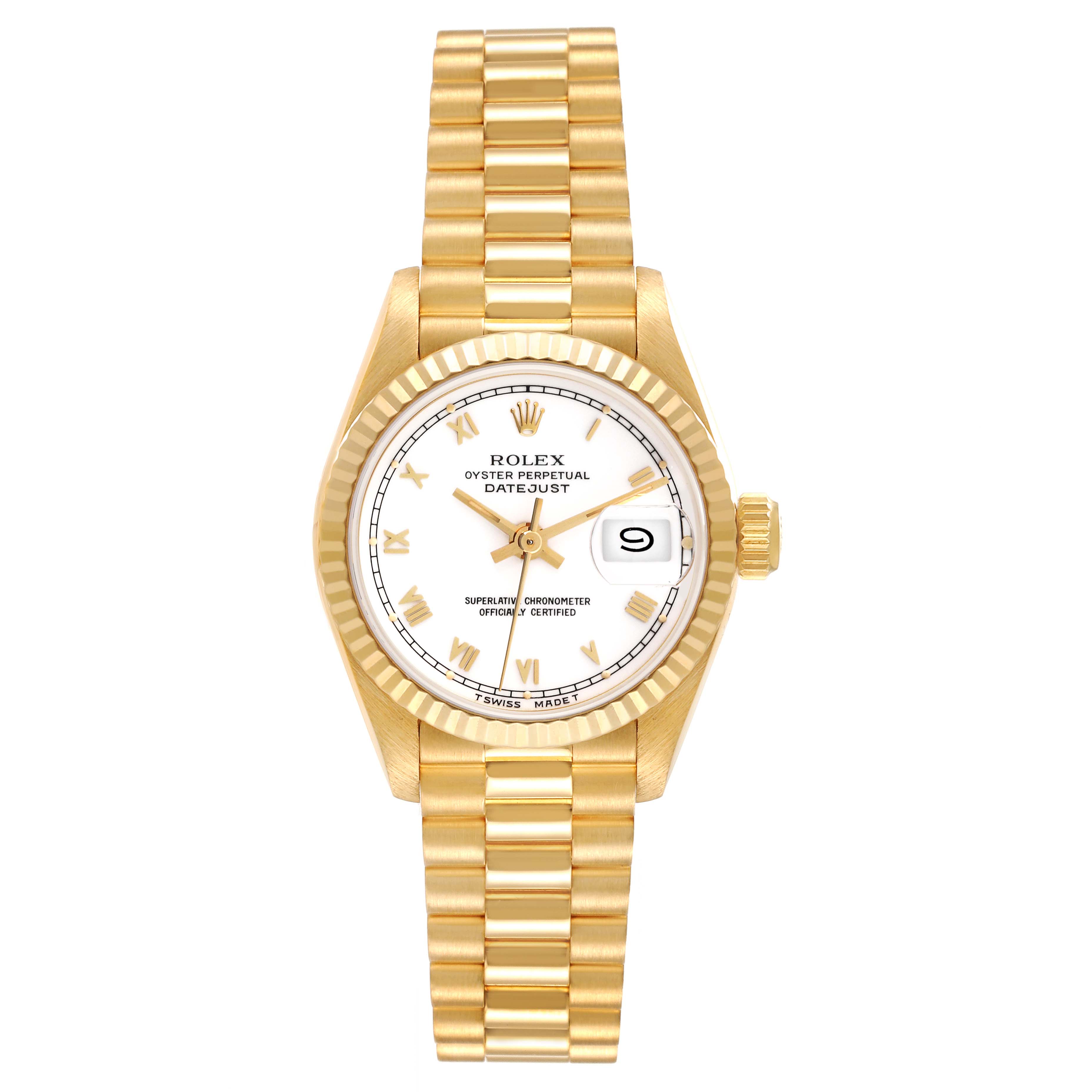 The image shows a front view of a Rolex President 69178 Women's Yellow Gold White Dial 69178 Women's Yellow Gold White Dial model watch, displaying its face, bezel, crown, and bracelet.