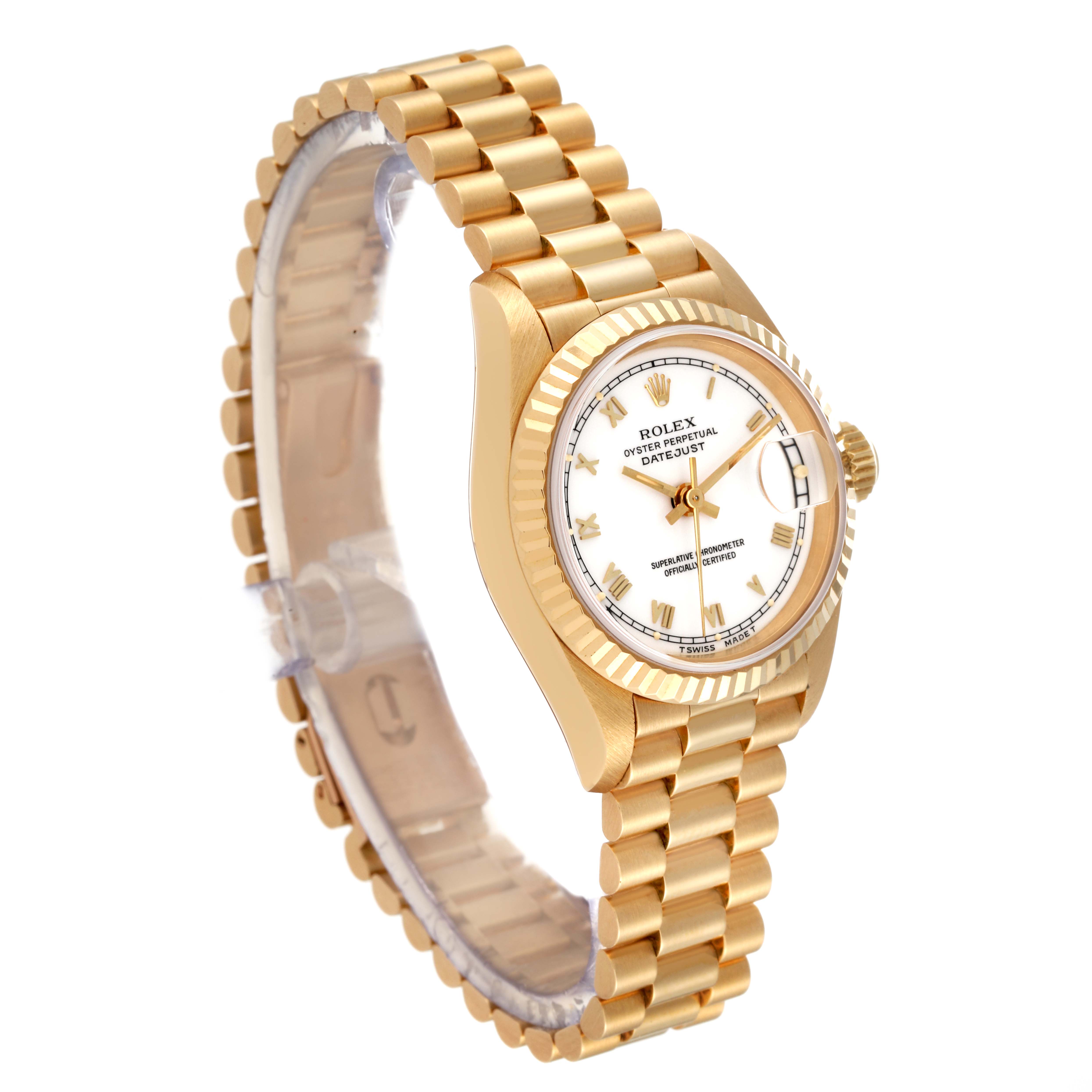 The Rolex President 69178 Women's Yellow Gold White Dial 69178 Women's Yellow Gold White Dial model is shown from a three-quarter angle highlighting its gold bracelet, dial, and fluted bezel.