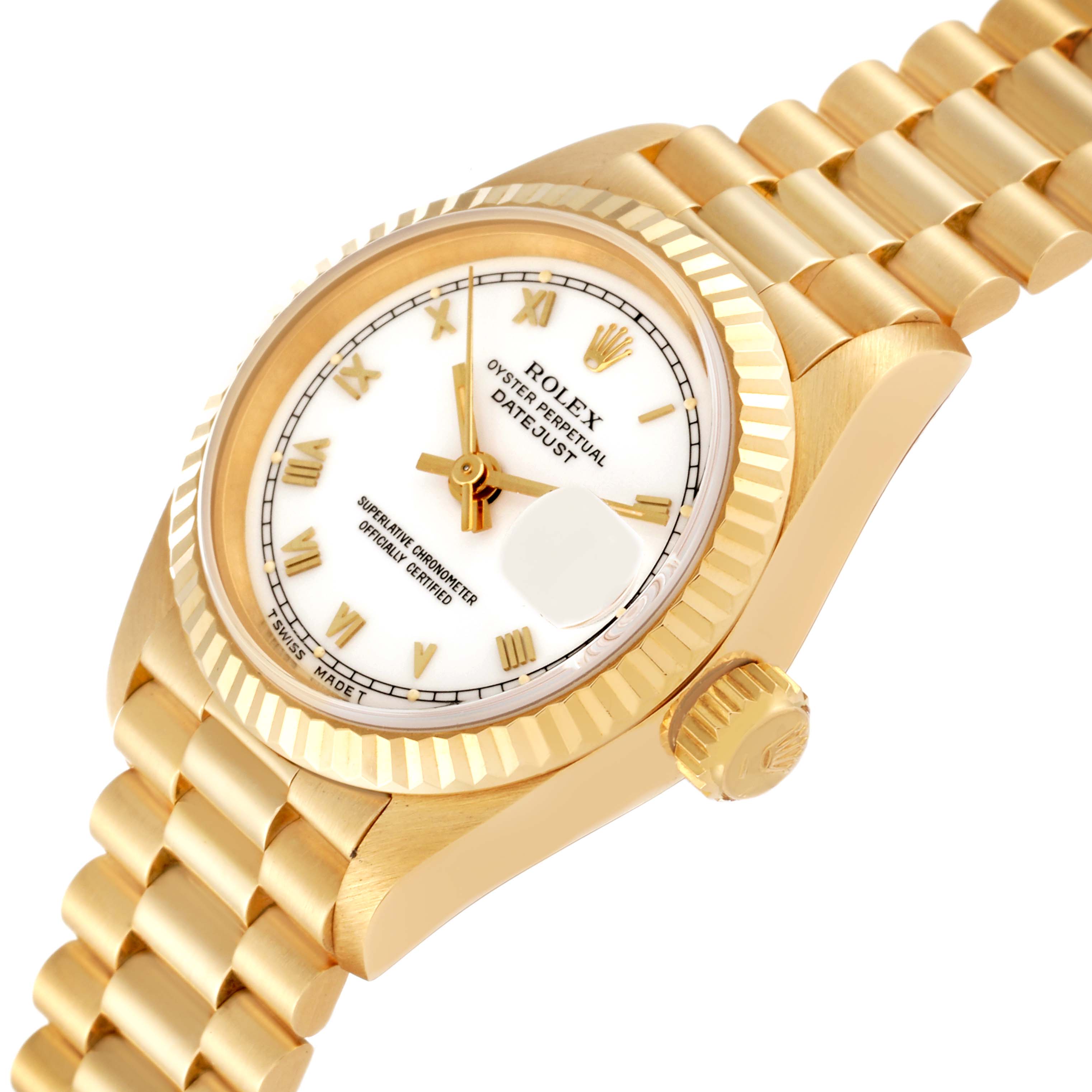 The image shows a Rolex President 69178 Women's Yellow Gold White Dial 69178 Women's Yellow Gold White Dial Oyster Perpetual Datejust watch from an angle highlighting the dial, bezel, and bracelet.