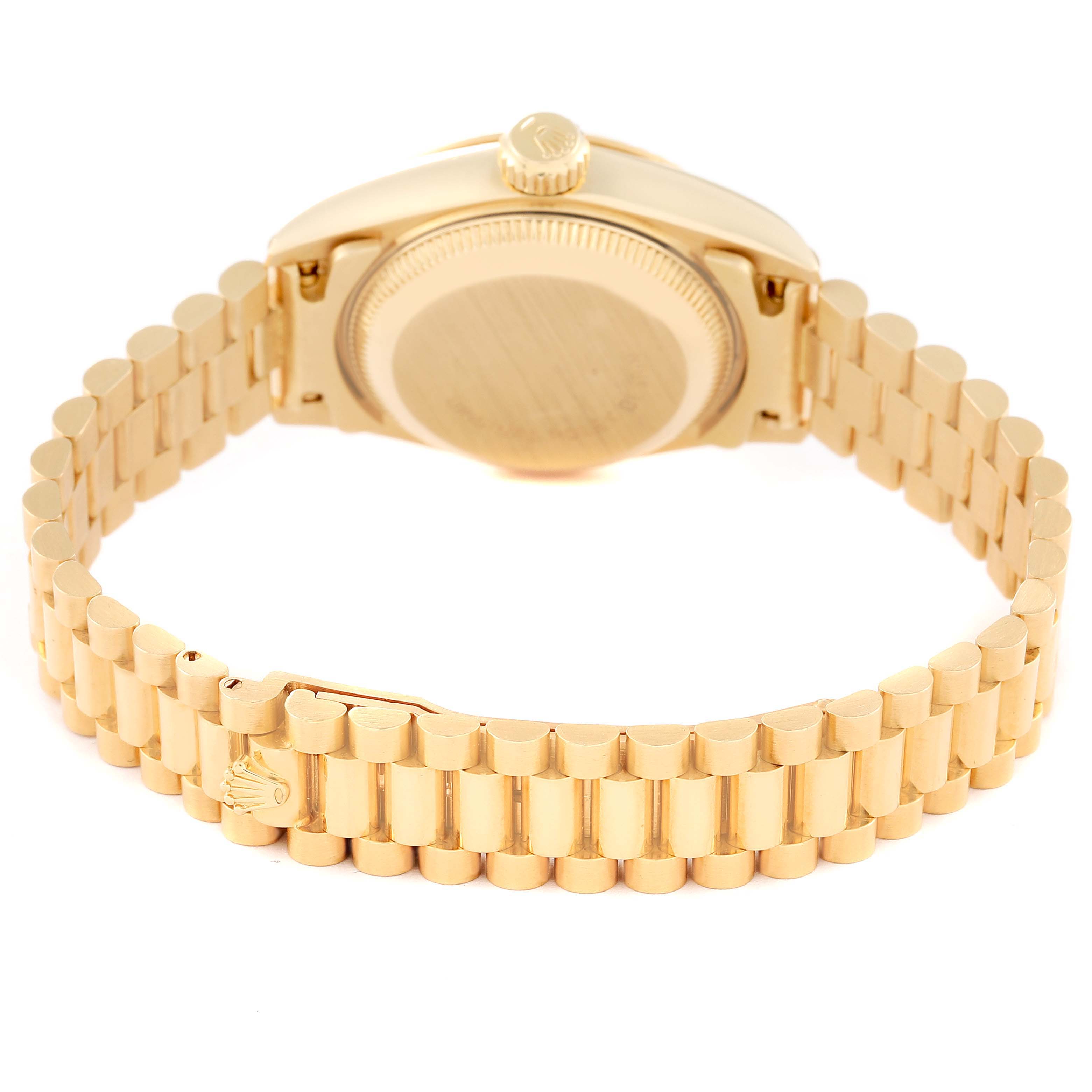 This image shows the back case and bracelet of the Rolex President 69178 Women's Yellow Gold White Dial 69178 Women's Yellow Gold White Dial model watch.