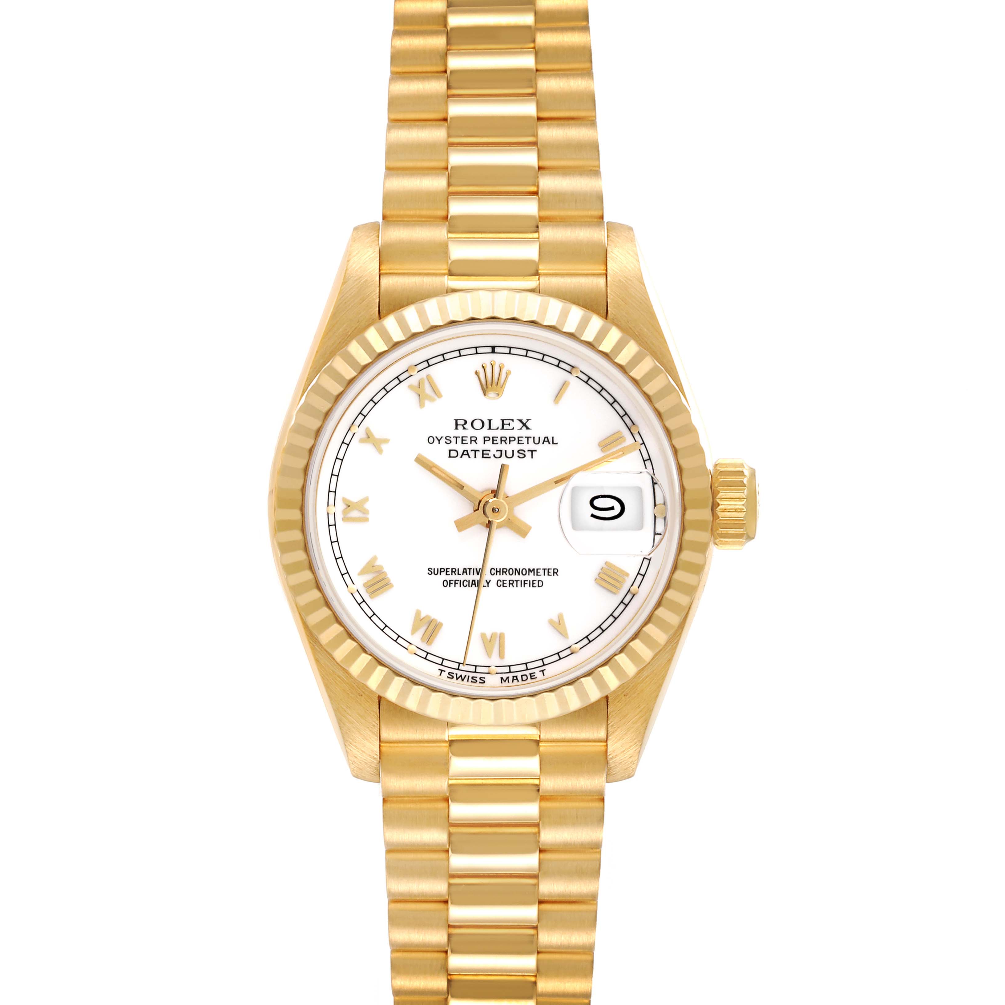 The Rolex President 69178 Women's Yellow Gold White Dial 69178 Women's Yellow Gold White Dial model watch is shown from a top-down angle, displaying its face, bezel, and the full bracelet.