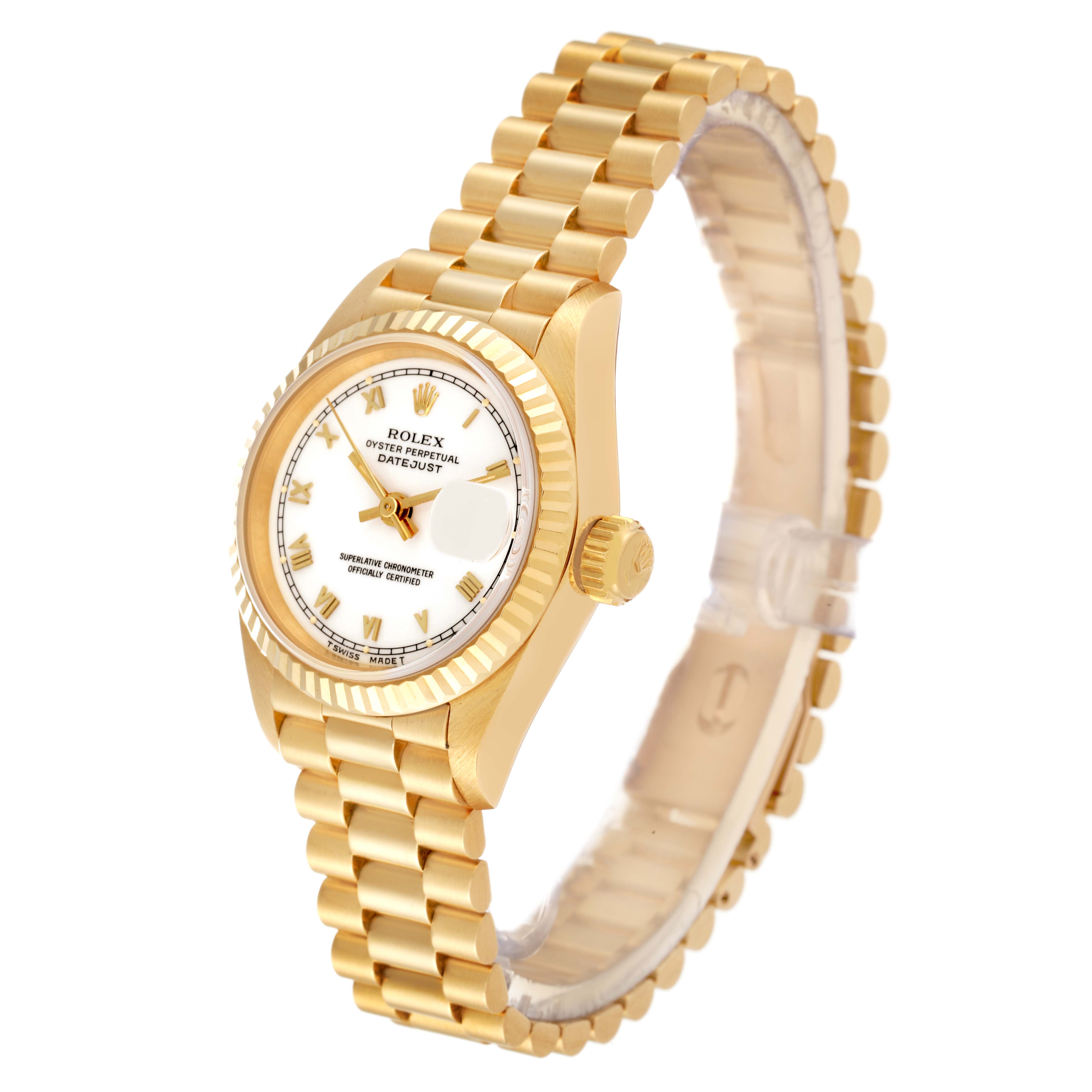 The image shows a gold Rolex President 69178 Women's Yellow Gold White Dial 69178 Women's Yellow Gold White Dial model watch at an oblique angle, highlighting the face, crown, and bracelet.