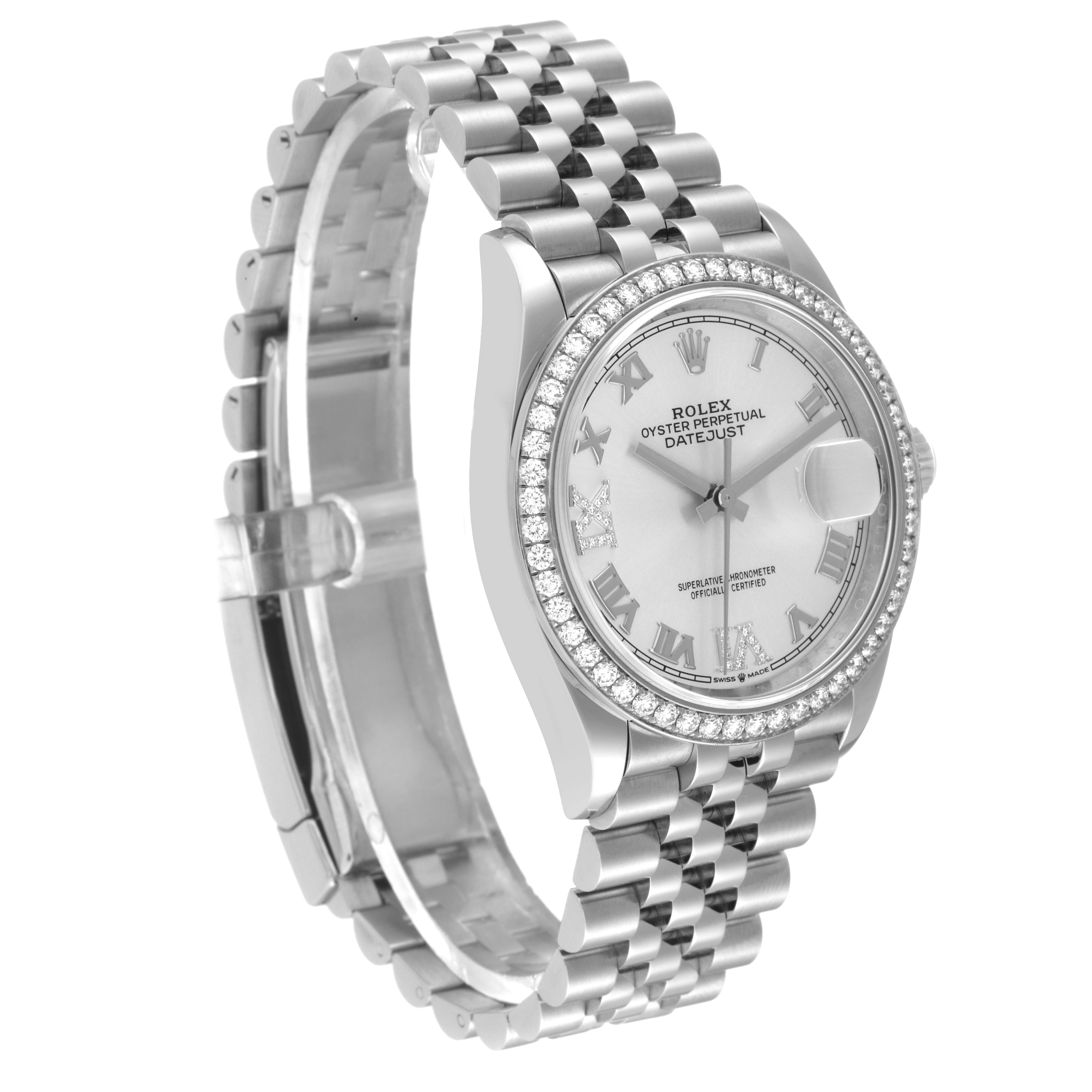 The image shows a three-quarter view of a Rolex Datejust 126284 Men's Stainless Steel Silver Dial 126284 Men's Stainless Steel Silver Dial, highlighting the dial, bezel, and bracelet.