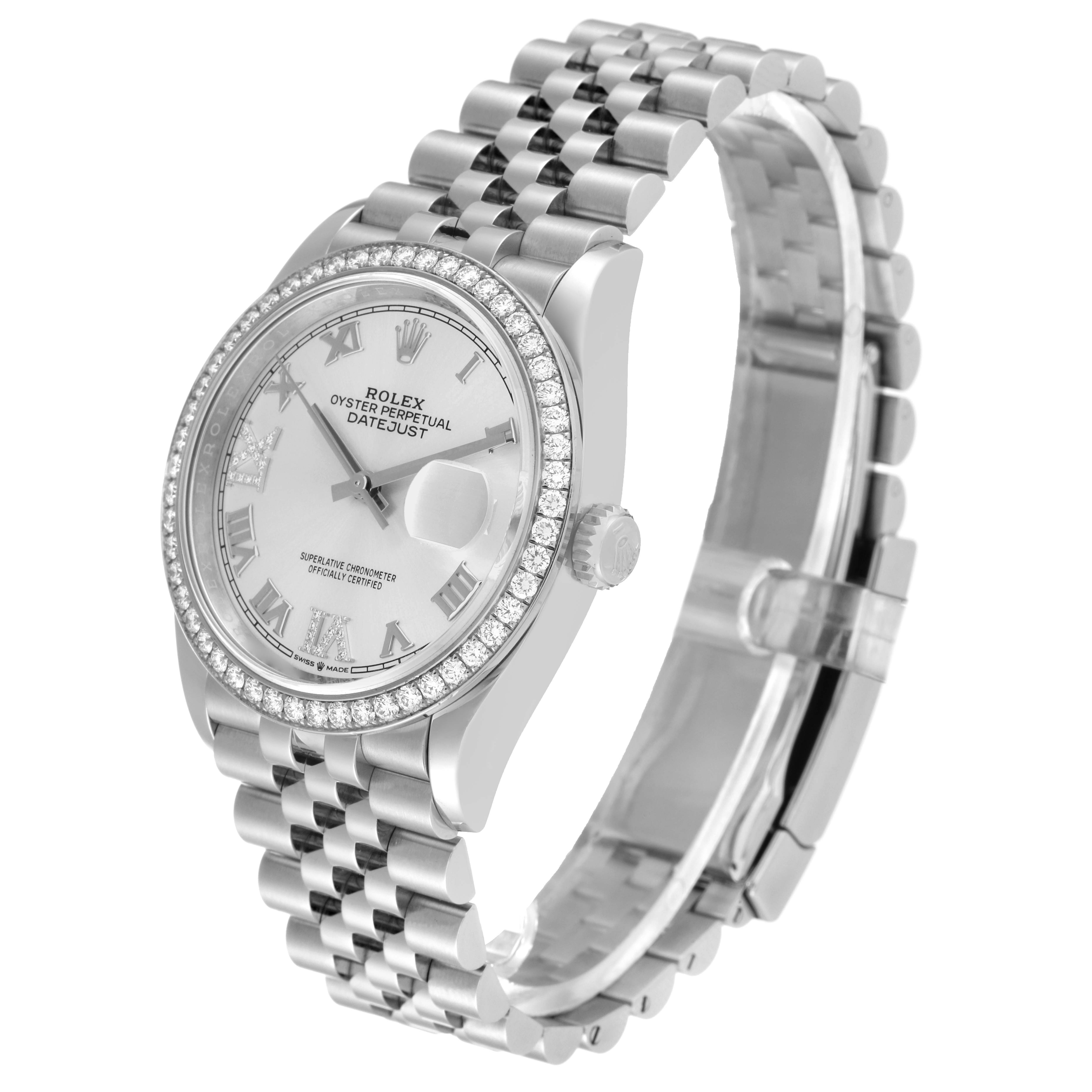 The image shows a side and front angled view of a Rolex Datejust 126284 Men's Stainless Steel Silver Dial 126284 Men's Stainless Steel Silver Dial watch, highlighting its dial, case, bezel, and bracelet.