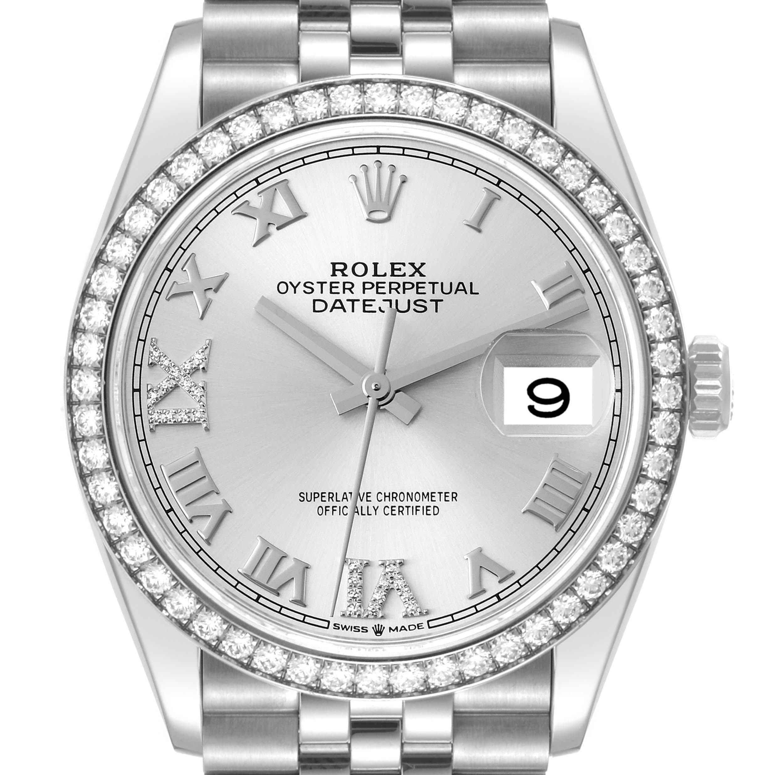 The image shows a front view of a Rolex Datejust 126284 Men's Stainless Steel Silver Dial 126284 Men's Stainless Steel Silver Dial watch, highlighting the dial, bezel, and part of the bracelet.