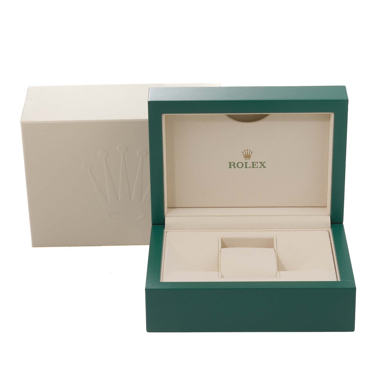 The image shows an open Rolex Datejust 126284 Men's Stainless Steel Silver Dial 126284 Men's Stainless Steel Silver Dial watch box, featuring the outer cream-colored box and the inner green and beige box with the Rolex logo.