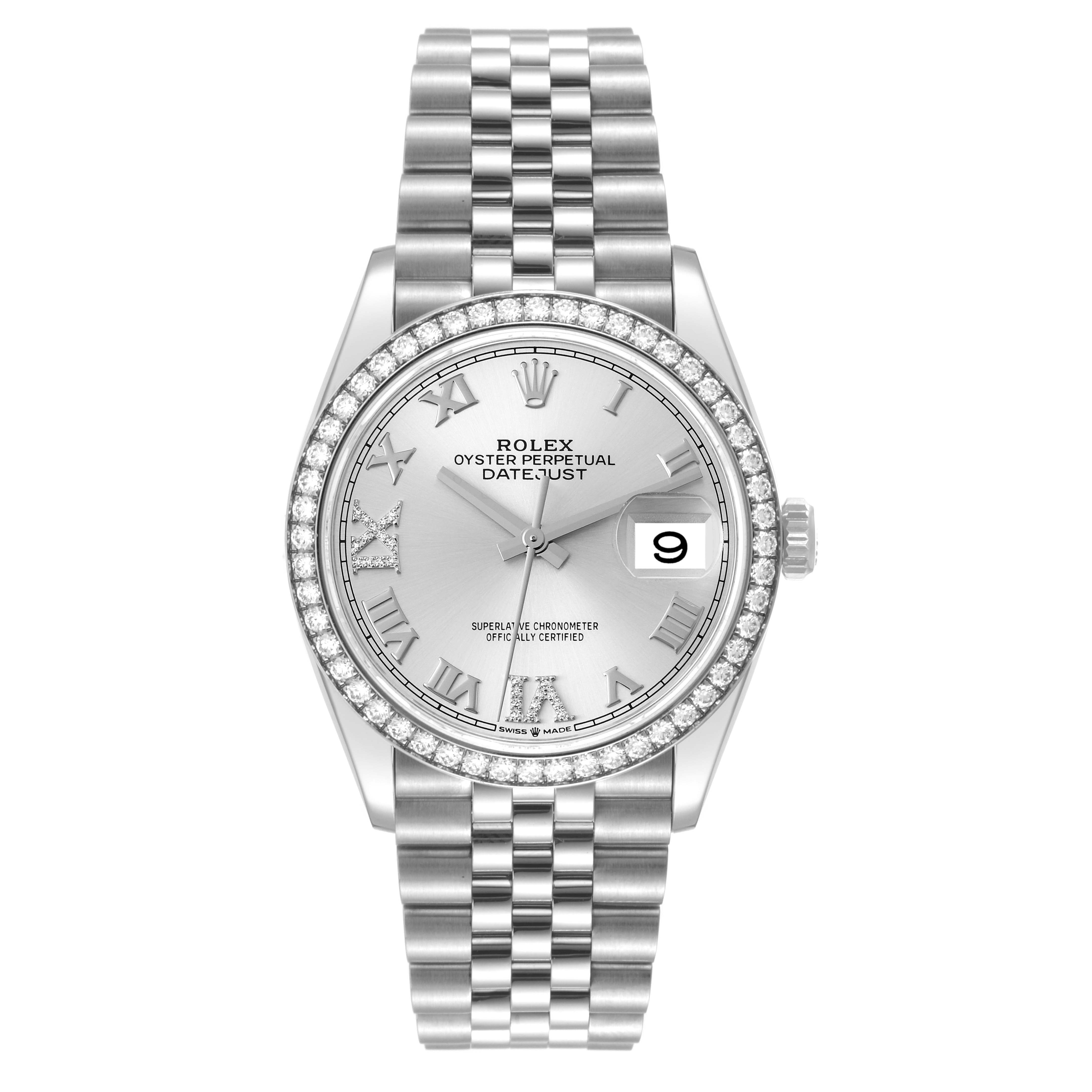 The image shows a Rolex Datejust 126284 Men's Stainless Steel Silver Dial 126284 Men's Stainless Steel Silver Dial watch from a frontal angle, displaying the dial, bezel, and bracelet.
