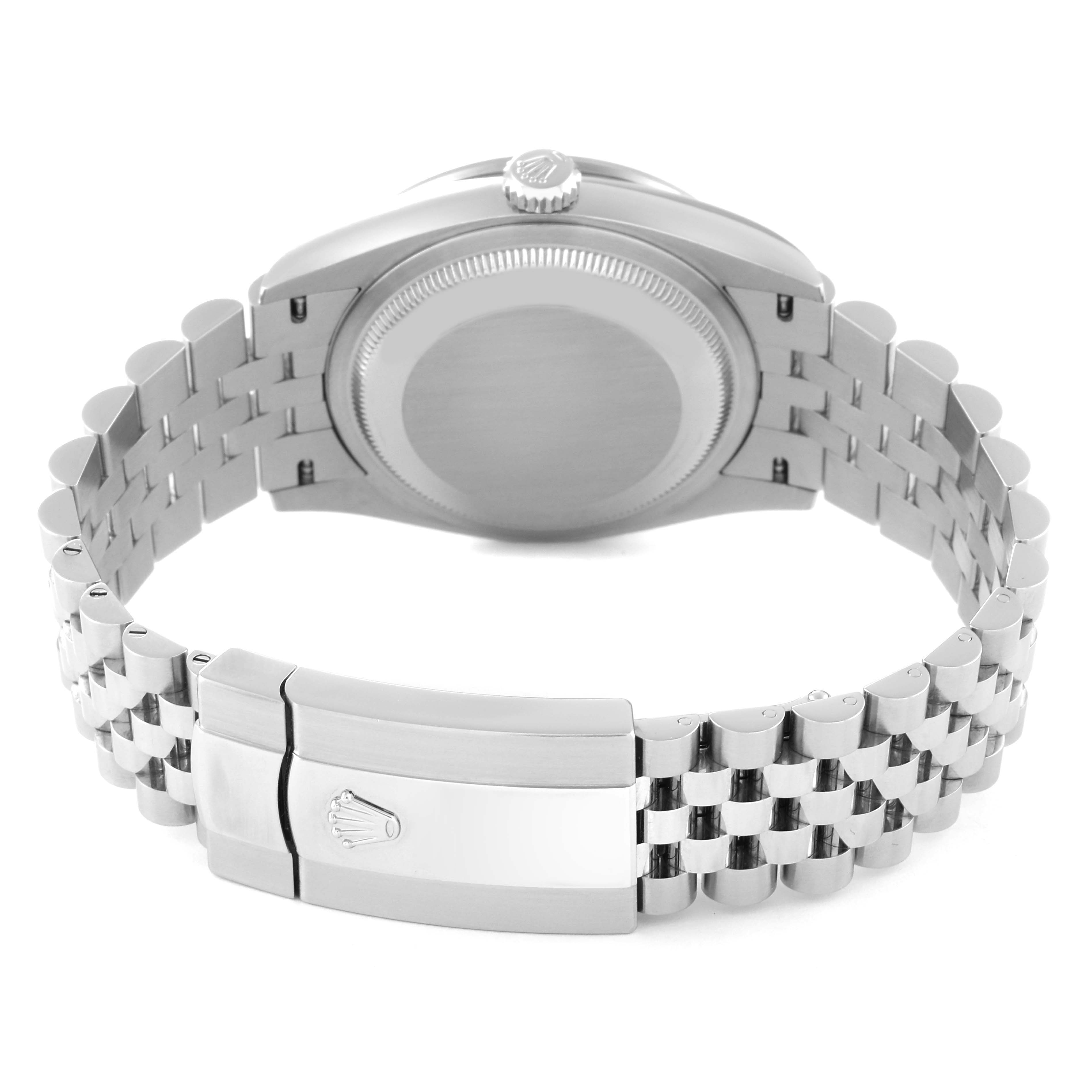 This image shows the back view of a Rolex Datejust 126284 Men's Stainless Steel Silver Dial 126284 Men's Stainless Steel Silver Dial watch, highlighting the case back and Jubilee bracelet with the clasp.