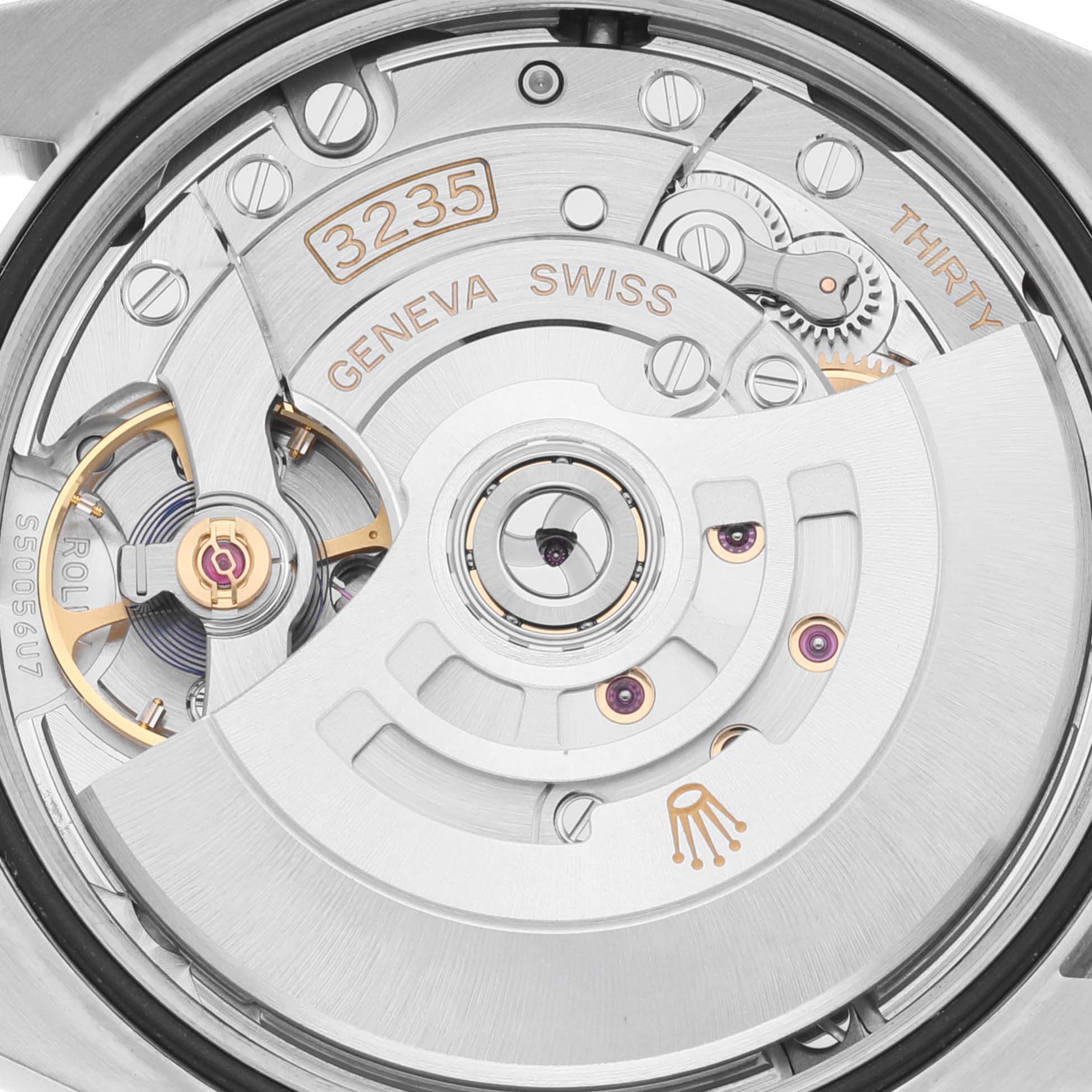 The image shows the movement mechanism of a Rolex Datejust 126284 Men's Stainless Steel Silver Dial 126284 Men's Stainless Steel Silver Dial watch from a close-up, internal angle.