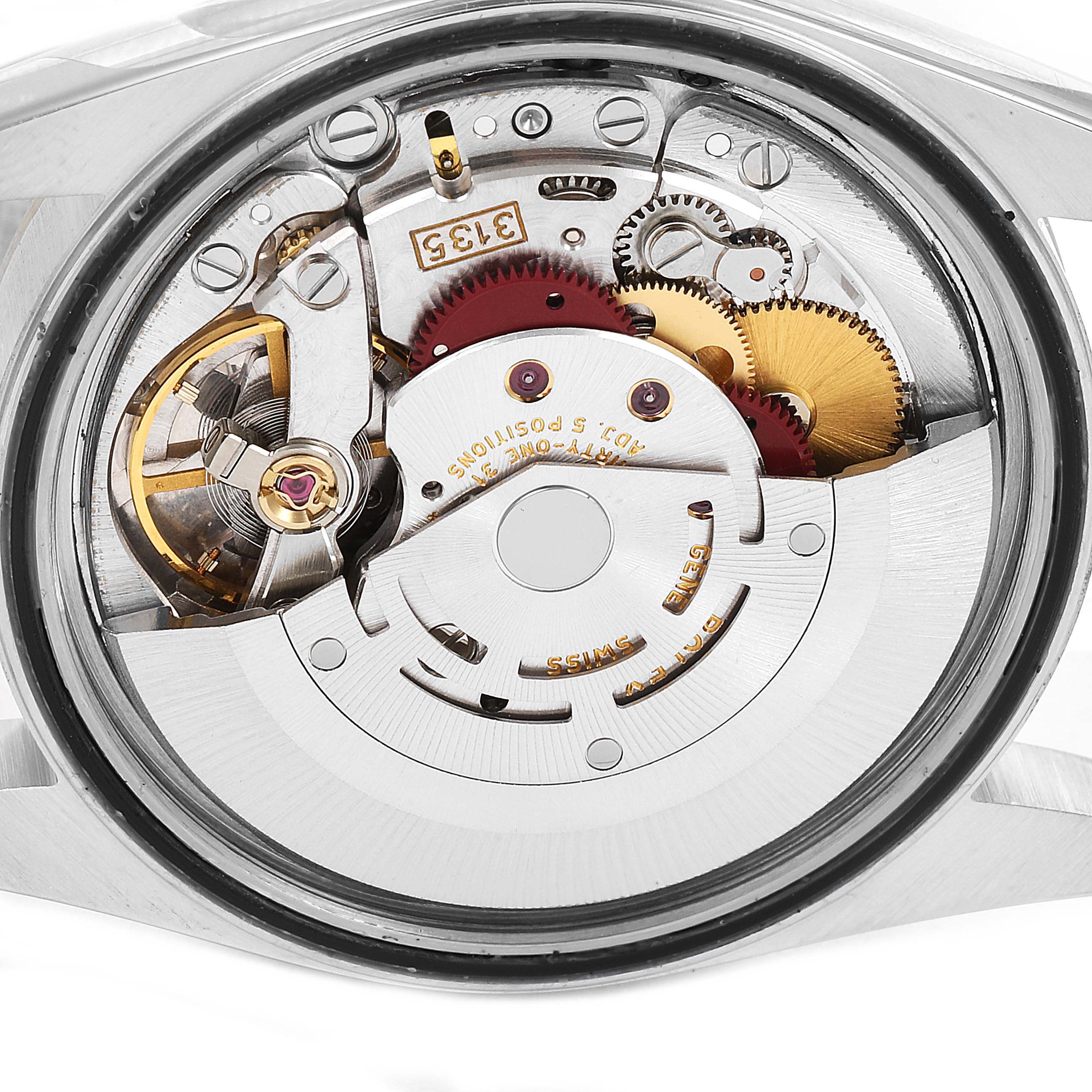 This image shows the internal mechanism of a Rolex Datejust 16233 Men's Steel and Gold (two tone) Champagne Dial 16233 Men's Steel and Gold (two tone) Champagne Dial watch from a back view angle, highlighting the movement components.