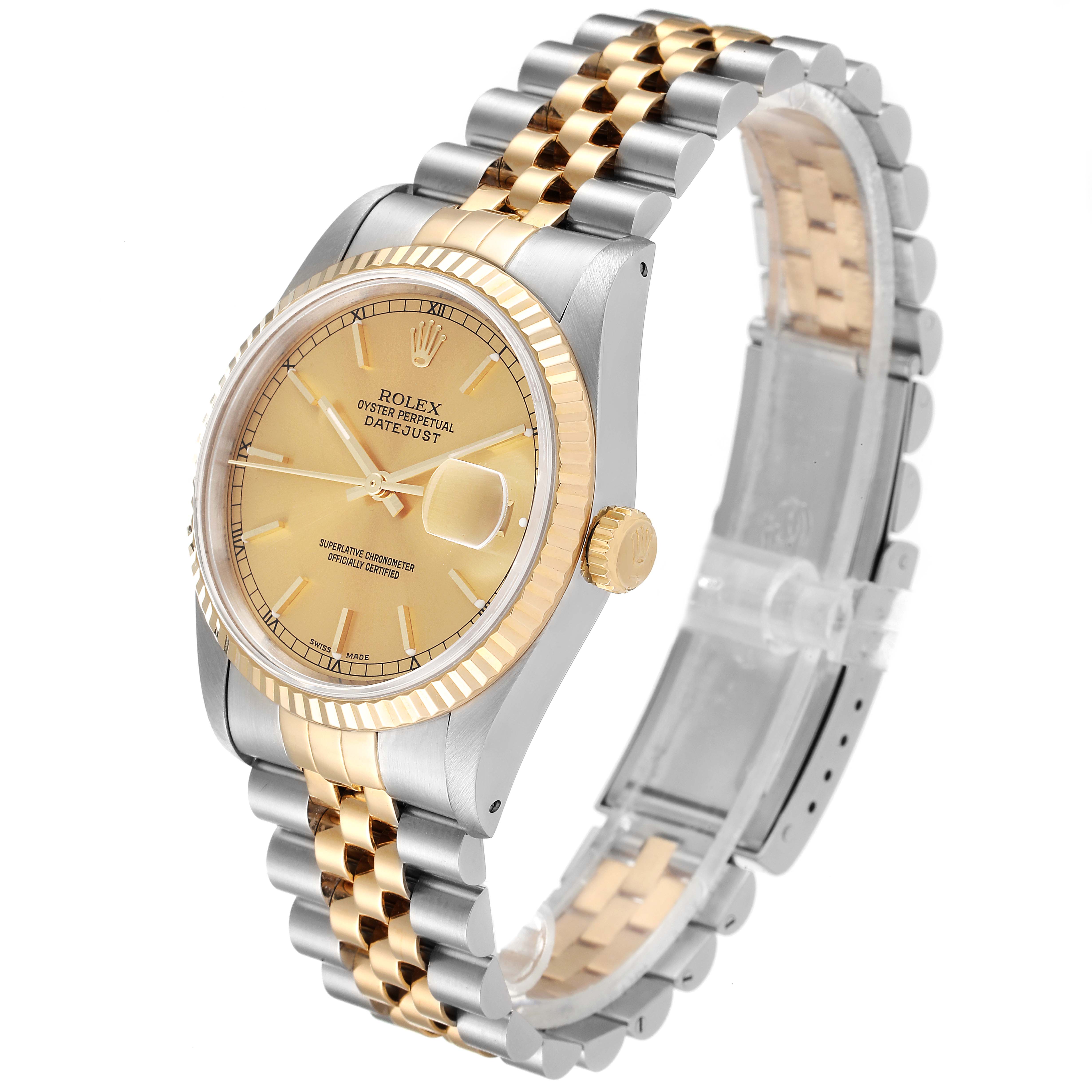 This image shows a Rolex Datejust 16233 Men's Steel and Gold (two tone) Champagne Dial 16233 Men's Steel and Gold (two tone) Champagne Dial watch at a three-quarter angle, highlighting the dial, bezel, crown, and two-tone bracelet.