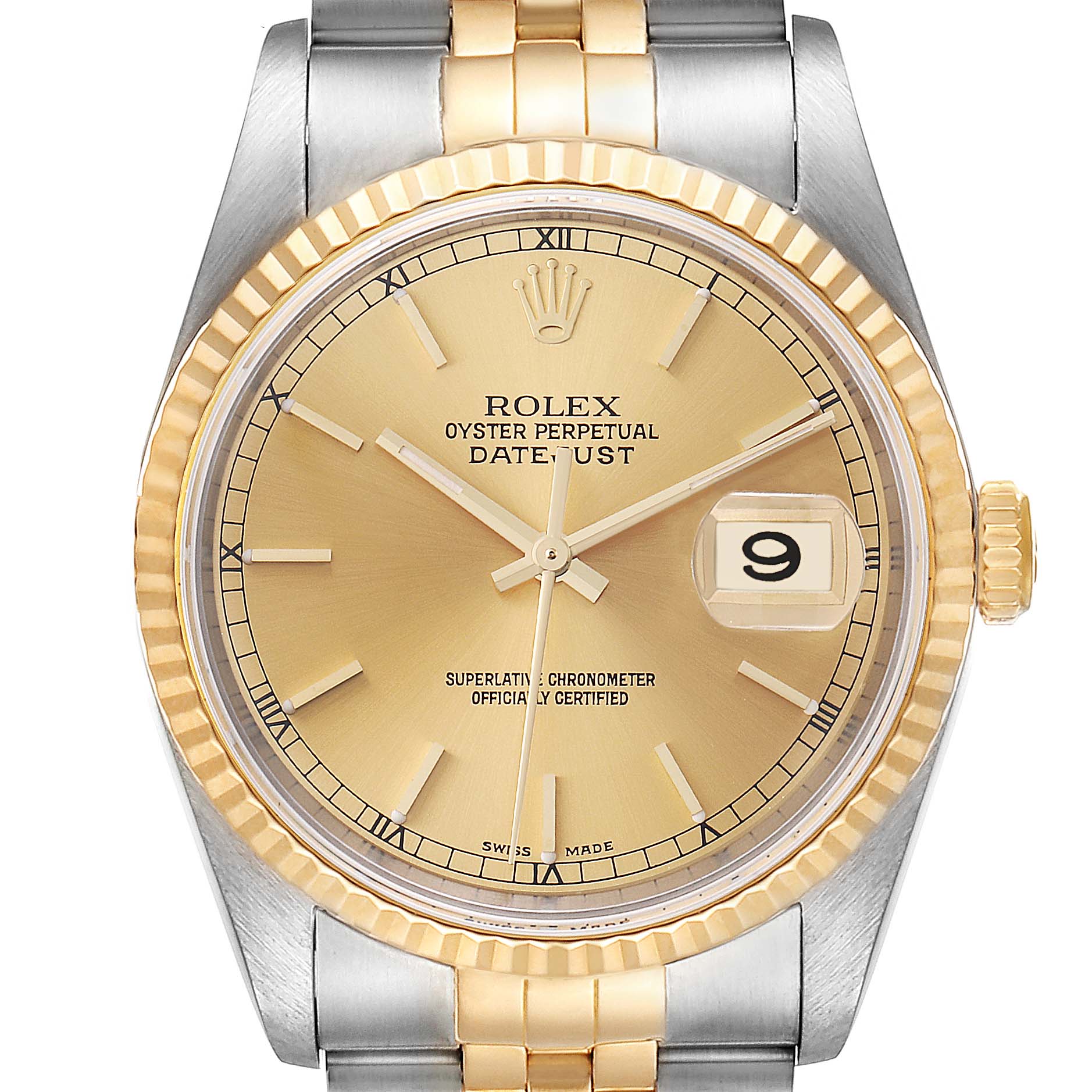 This is a close-up view of the face of a Rolex Datejust 16233 Men's Steel and Gold (two tone) Champagne Dial 16233 Men's Steel and Gold (two tone) Champagne Dial watch, showing the dial, hands, crown, and part of the bracelet.