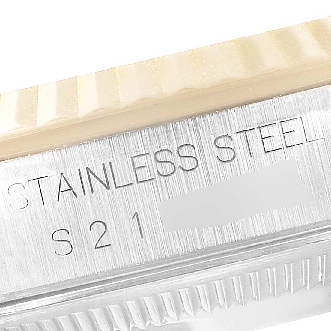 The image shows a close-up of the stainless steel casing and part of the fluted bezel of a Rolex Datejust 16233 Men's Steel and Gold (two tone) Champagne Dial 16233 Men's Steel and Gold (two tone) Champagne Dial watch from the side angle.