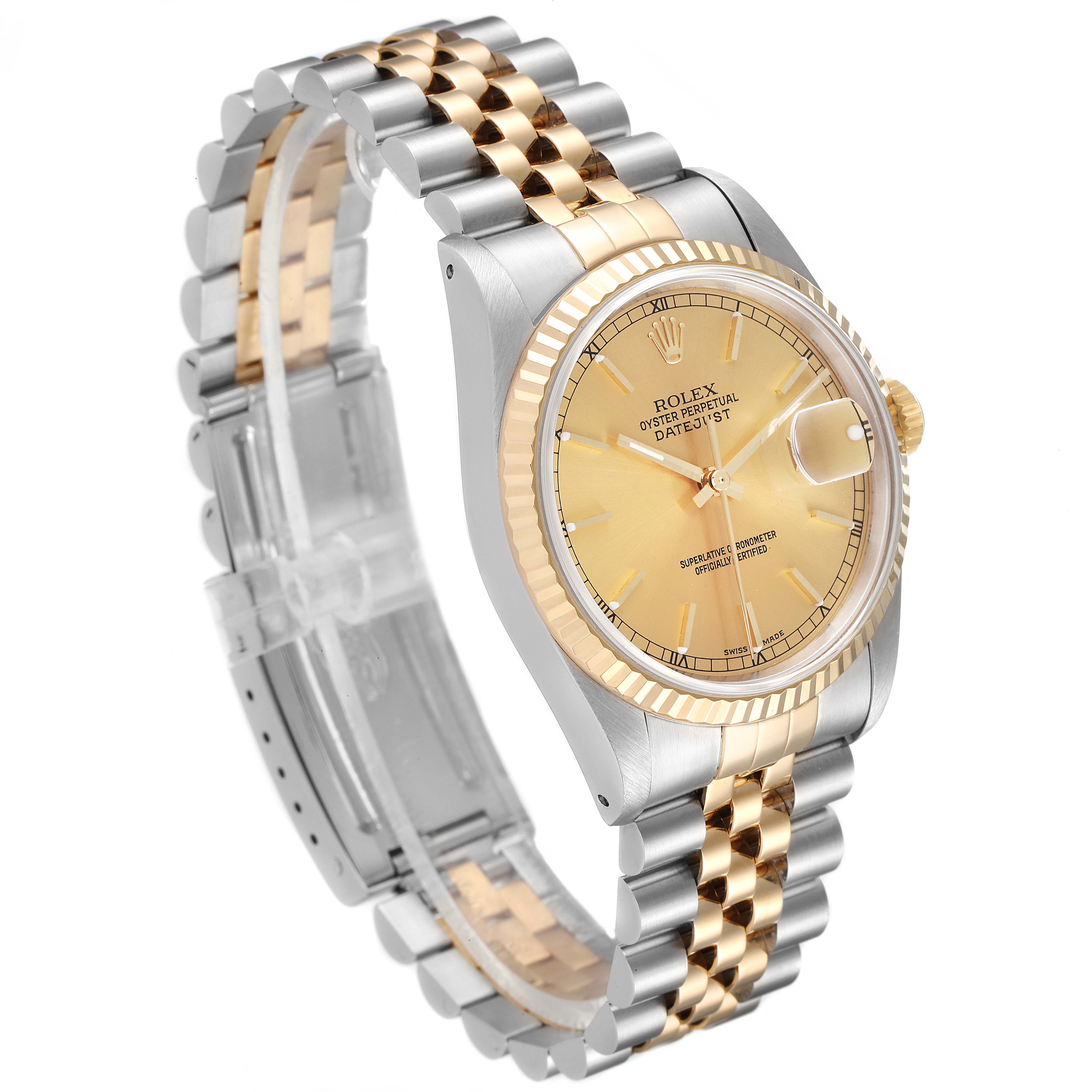 This image shows a Rolex Datejust 16233 Men's Steel and Gold (two tone) Champagne Dial 16233 Men's Steel and Gold (two tone) Champagne Dial watch at a front-left angle, highlighting its two-tone bracelet and champagne dial.