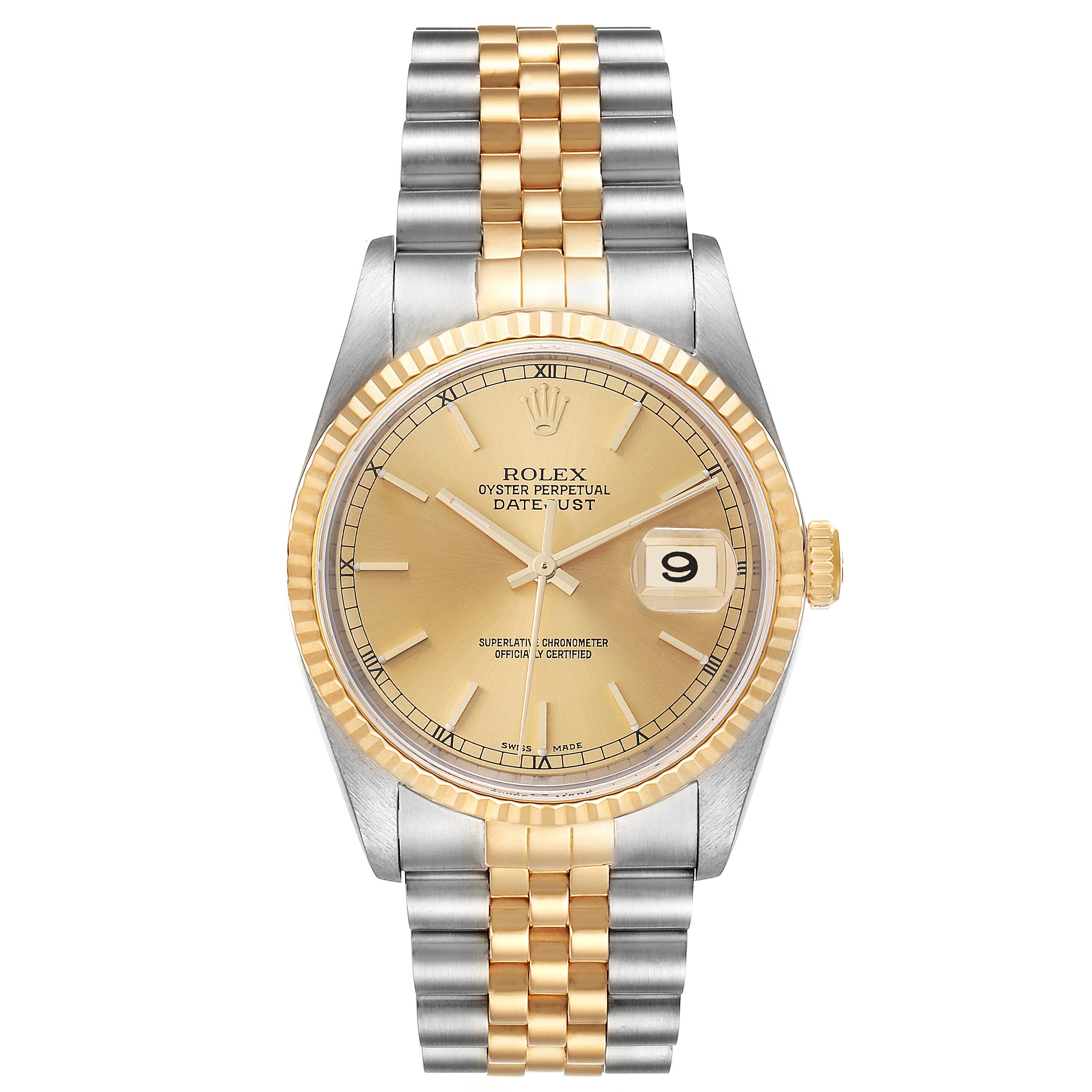 The image shows a front view of the Rolex Datejust 16233 Men's Steel and Gold (two tone) Champagne Dial 16233 Men's Steel and Gold (two tone) Champagne Dial watch, highlighting its two-tone bracelet, gold dial, and date window.