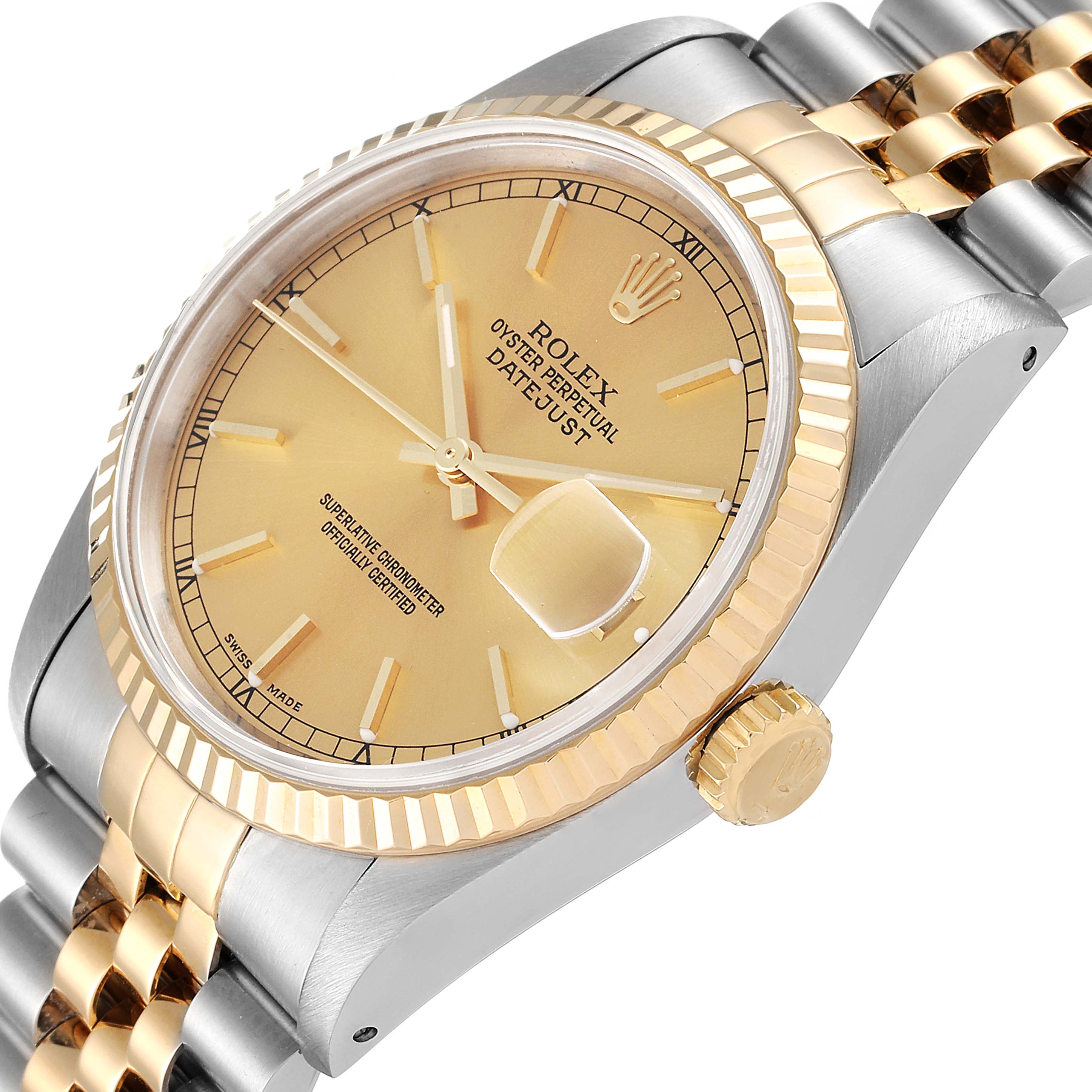 The image shows a Rolex Datejust 16233 Men's Steel and Gold (two tone) Champagne Dial 16233 Men's Steel and Gold (two tone) Champagne Dial watch at an angled side view, highlighting the dial, crown, bezel, and jubilee bracelet.