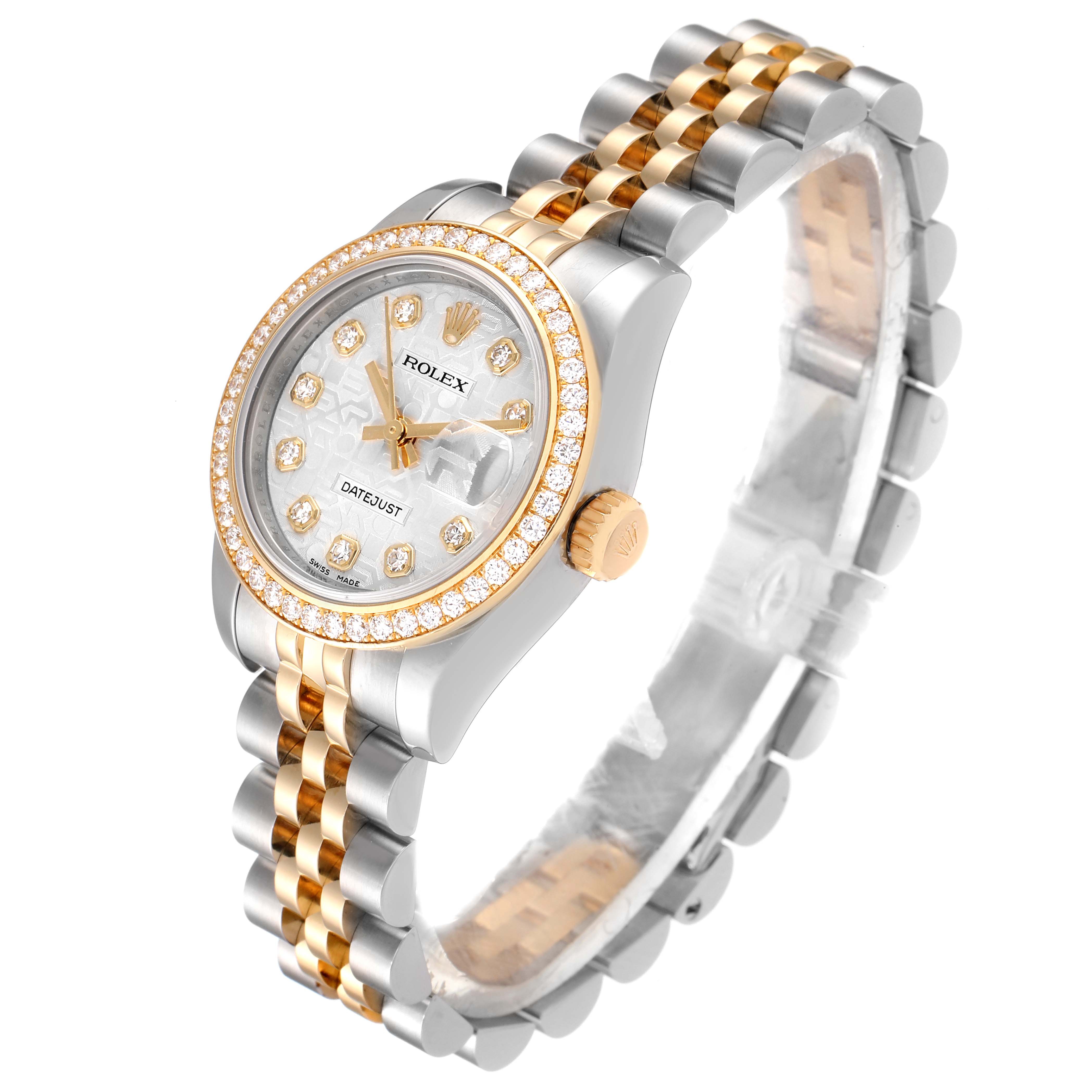This image shows a Rolex Datejust 179383 Women
s Steel and Gold (two tone) Silver Dial 179383 Women
s Steel and Gold (two tone) Silver Dial watch from an angled view, highlighting the face, bezel, crown, and bracelet.