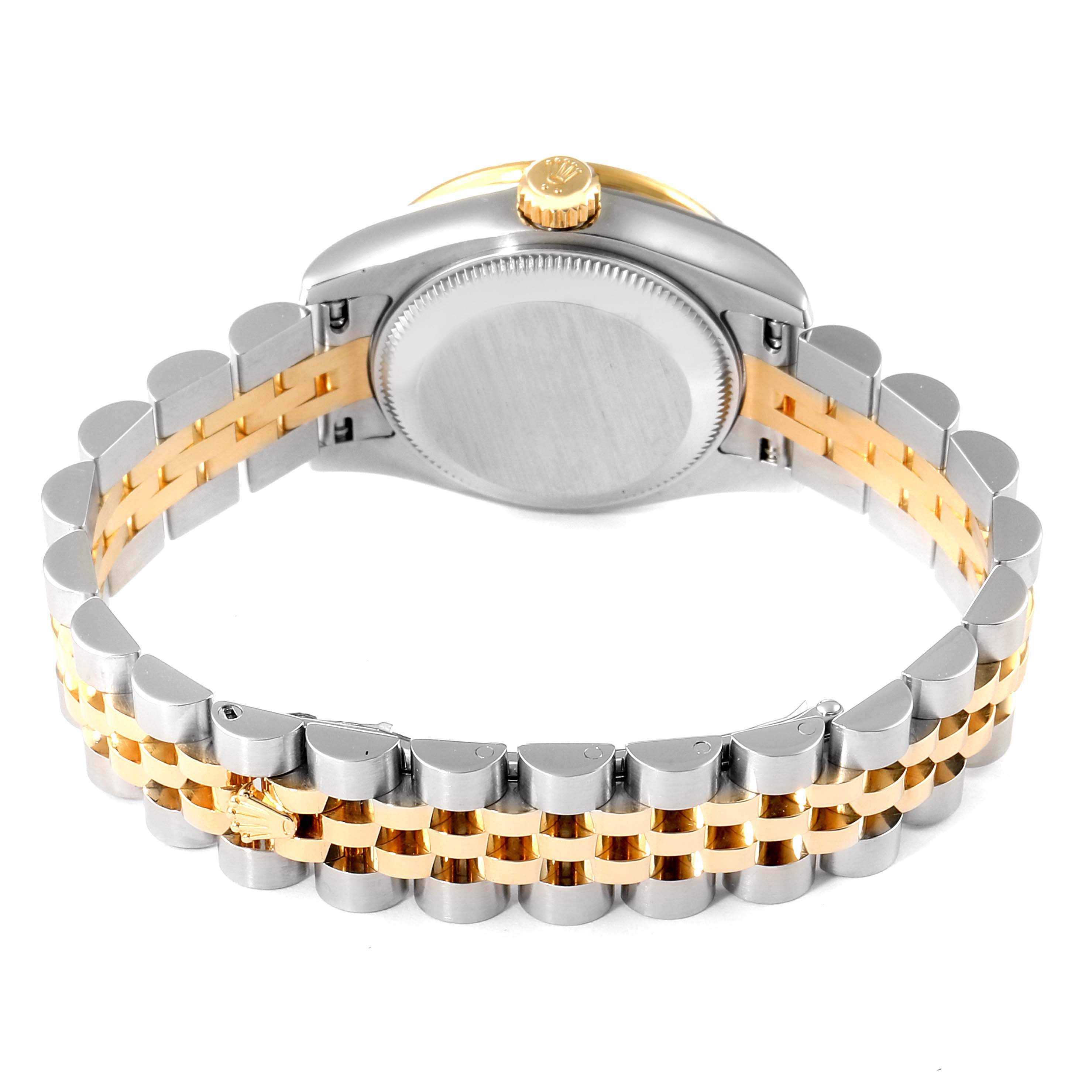 The image shows the back and side view of a Rolex Datejust 179383 Women
s Steel and Gold (two tone) Silver Dial 179383 Women
s Steel and Gold (two tone) Silver Dial watch, highlighting its case and two-tone jubilee bracelet.