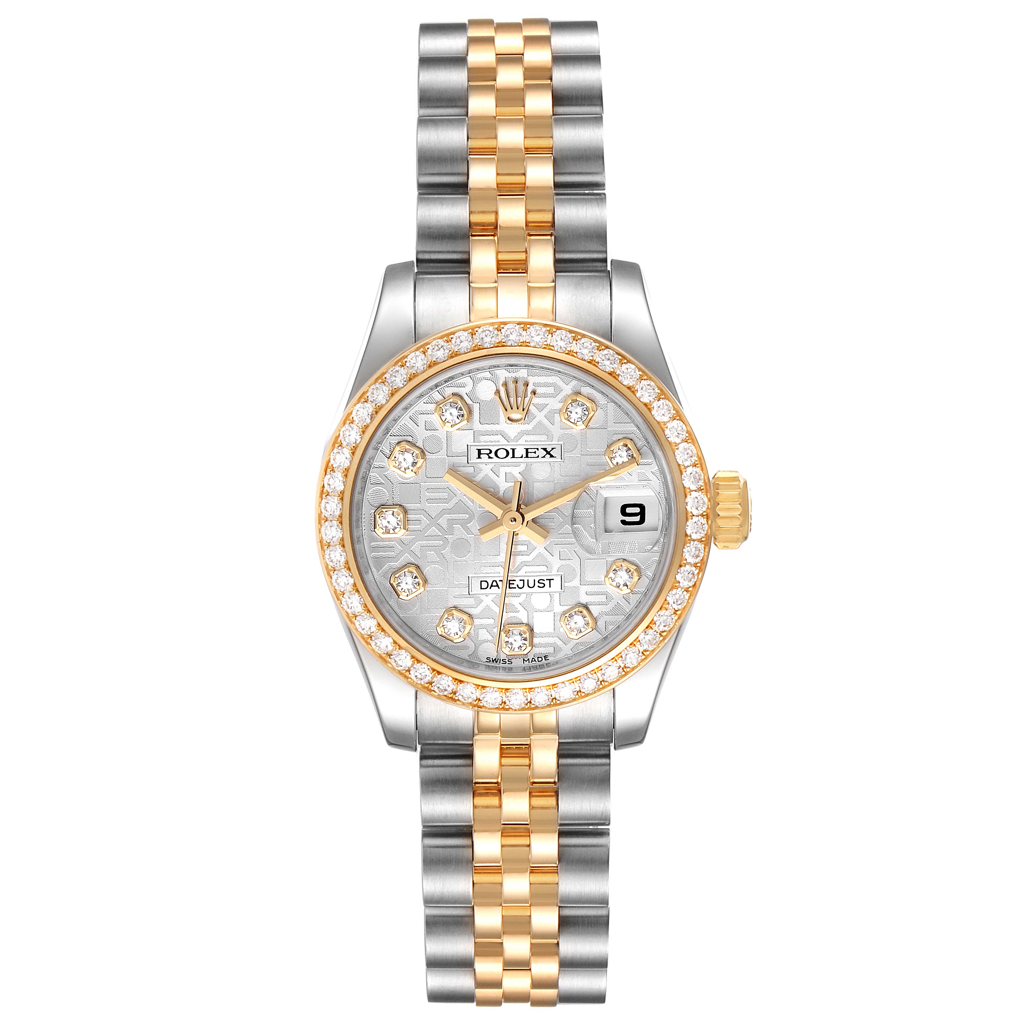 The image shows a front view of the Rolex Datejust 179383 Women
s Steel and Gold (two tone) Silver Dial 179383 Women
s Steel and Gold (two tone) Silver Dial watch, highlighting the face, bezel, and two-tone bracelet.