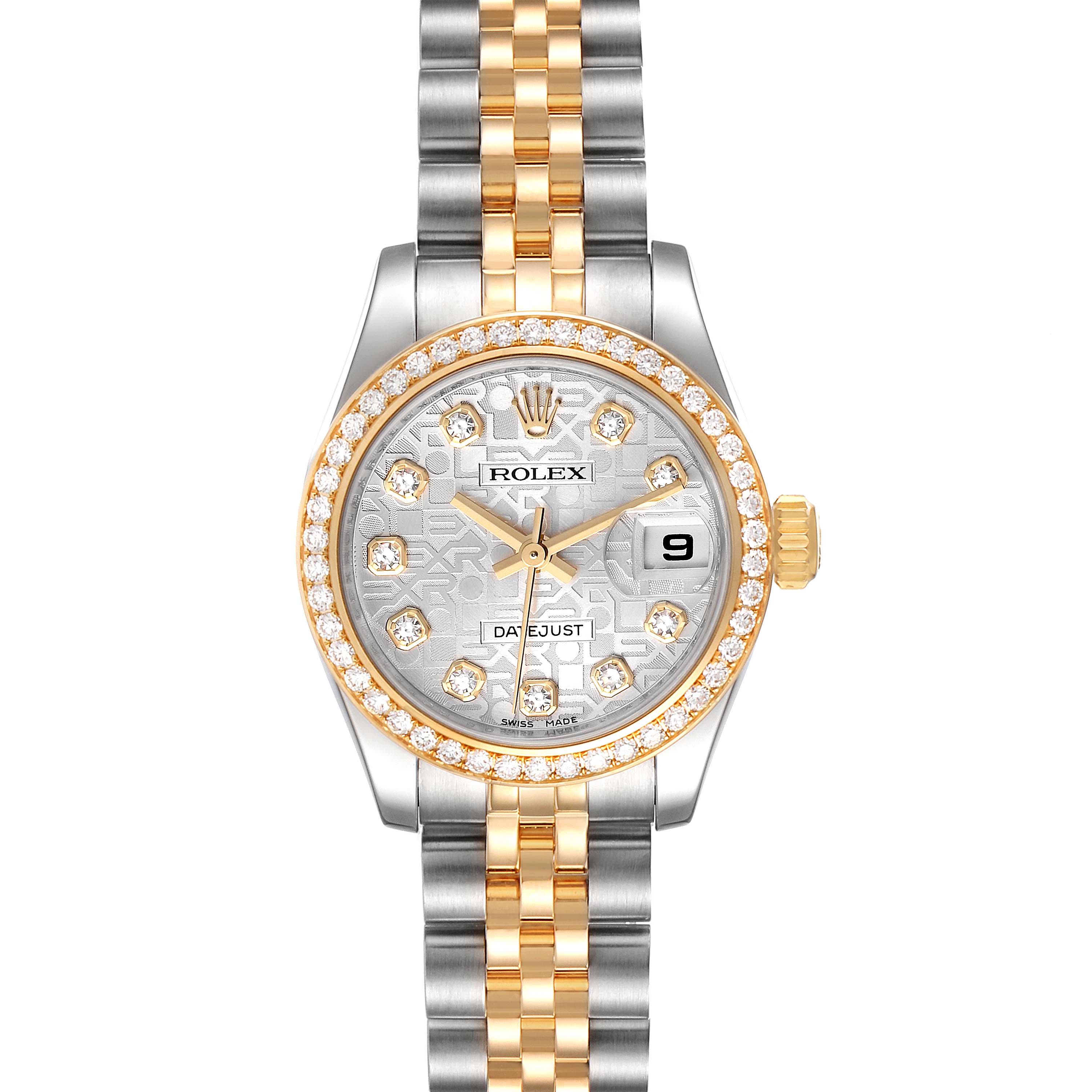 This Rolex Datejust 179383 Women
s Steel and Gold (two tone) Silver Dial 179383 Women
s Steel and Gold (two tone) Silver Dial watch is shown from the front, highlighting its dial, bezel, and two-tone bracelet.