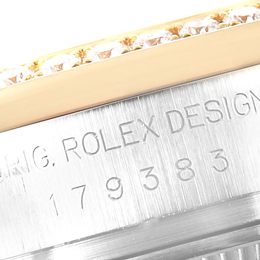 This image shows a close-up of the case side and diamond-studded bezel of a Rolex Datejust 179383 Women
s Steel and Gold (two tone) Silver Dial 179383 Women
s Steel and Gold (two tone) Silver Dial watch.