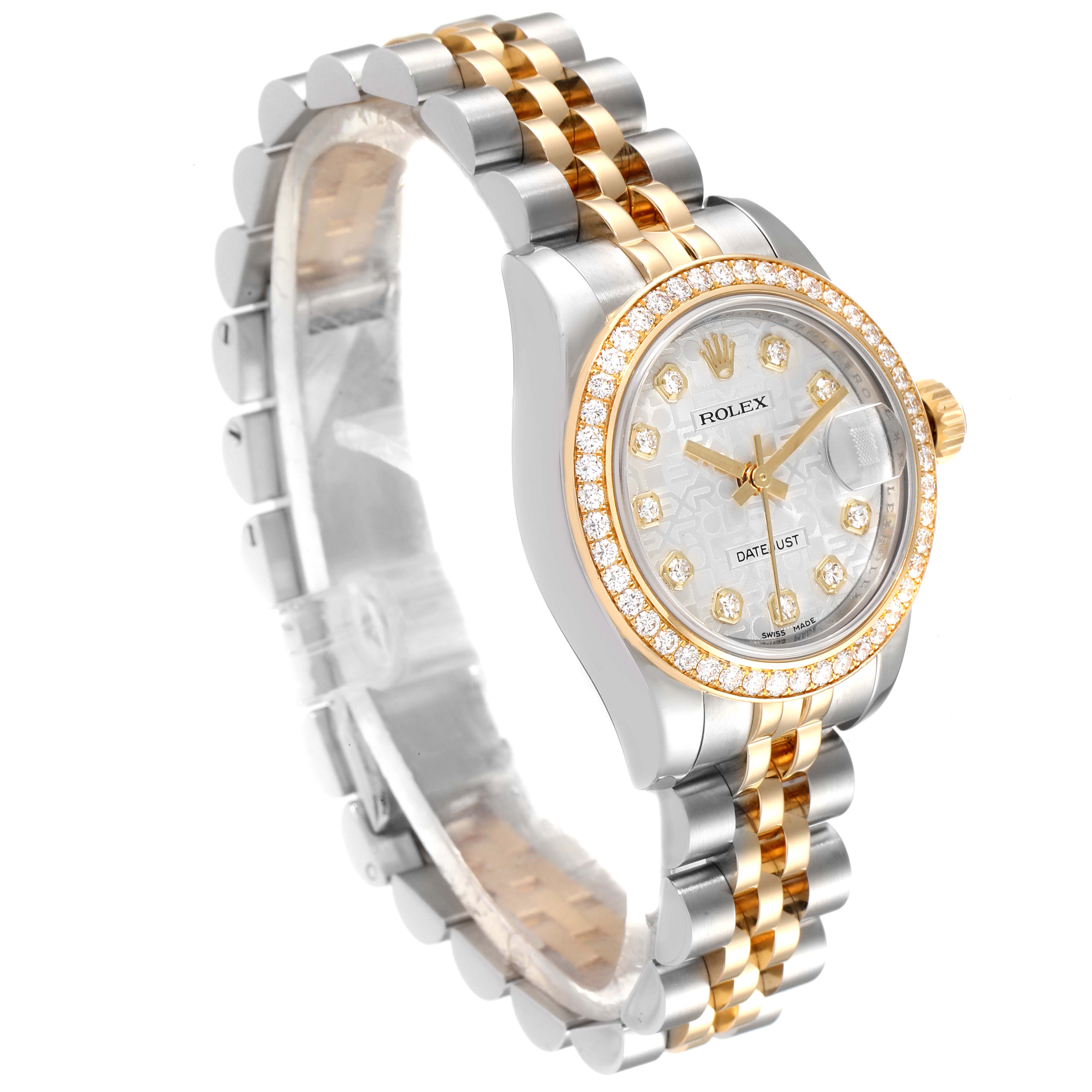 This Rolex Datejust 179383 Women
s Steel and Gold (two tone) Silver Dial 179383 Women
s Steel and Gold (two tone) Silver Dial watch is shown at a three-quarter angle, highlighting the dial, bezel, and two-tone bracelet.