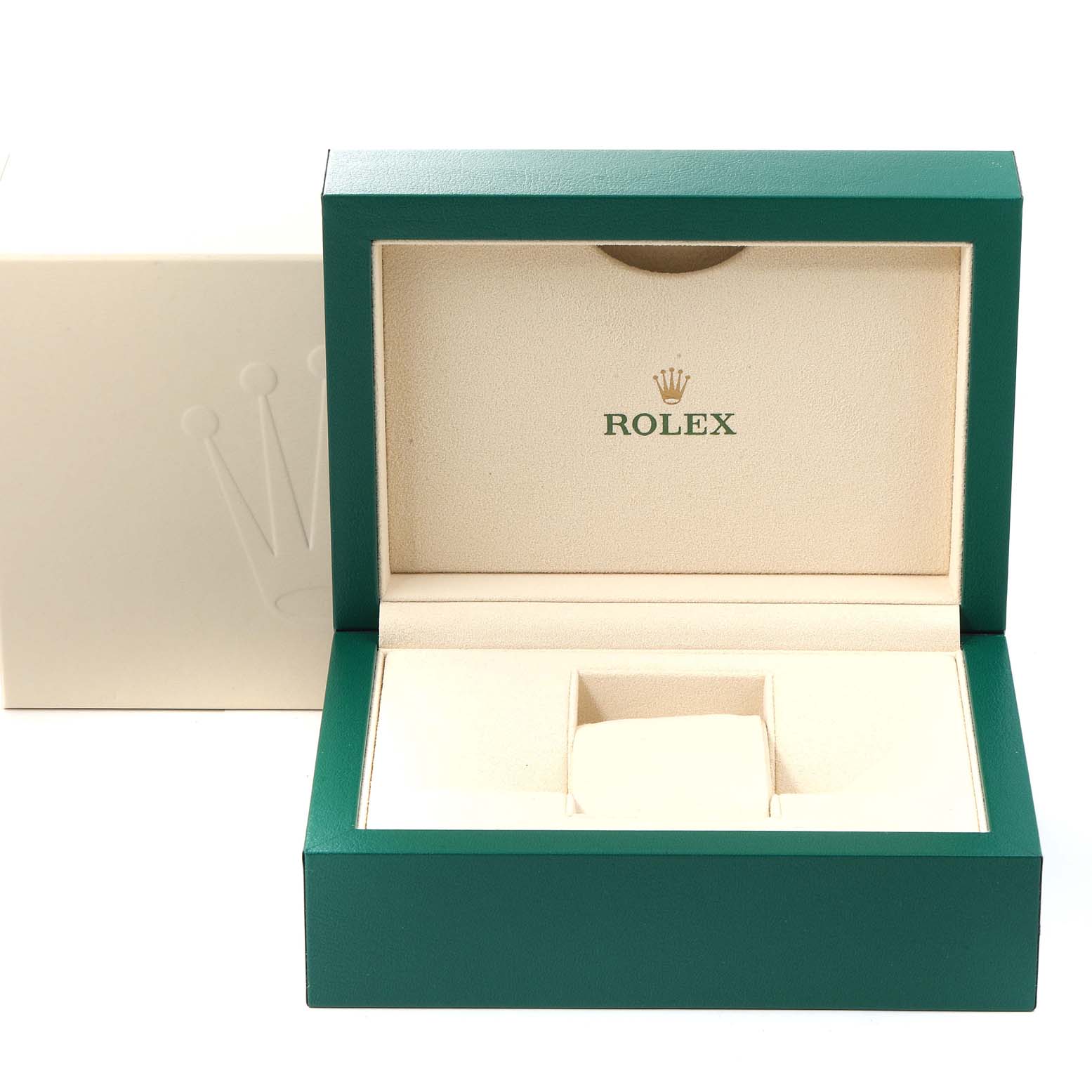 The image shows a Rolex Datejust 179383 Women
s Steel and Gold (two tone) Silver Dial 179383 Women
s Steel and Gold (two tone) Silver Dial watch box open, highlighting its green exterior and beige interior with the Rolex logo.