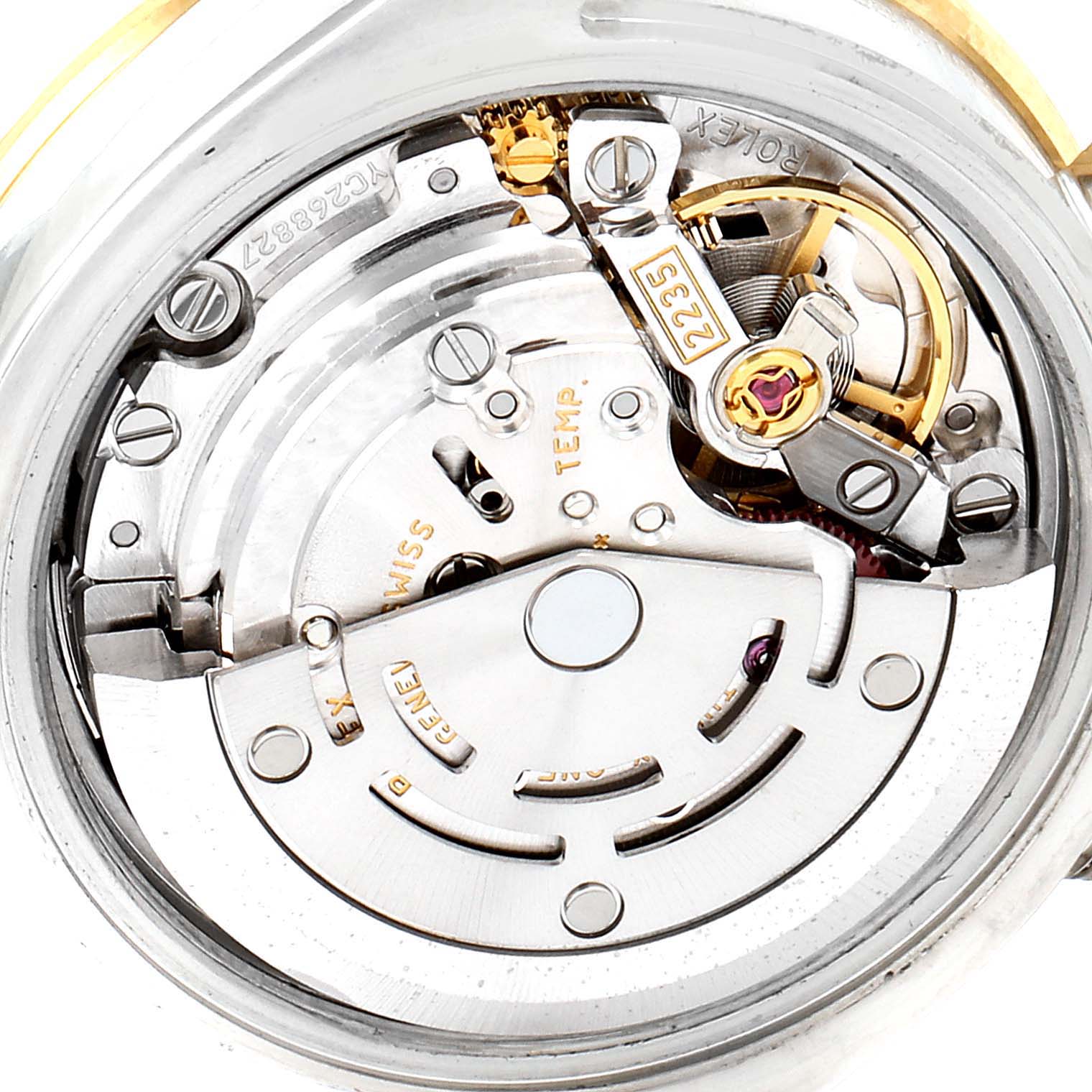 This image shows the inner mechanical movement of a Rolex Datejust 179383 Women
s Steel and Gold (two tone) Silver Dial 179383 Women
s Steel and Gold (two tone) Silver Dial watch from a back view.