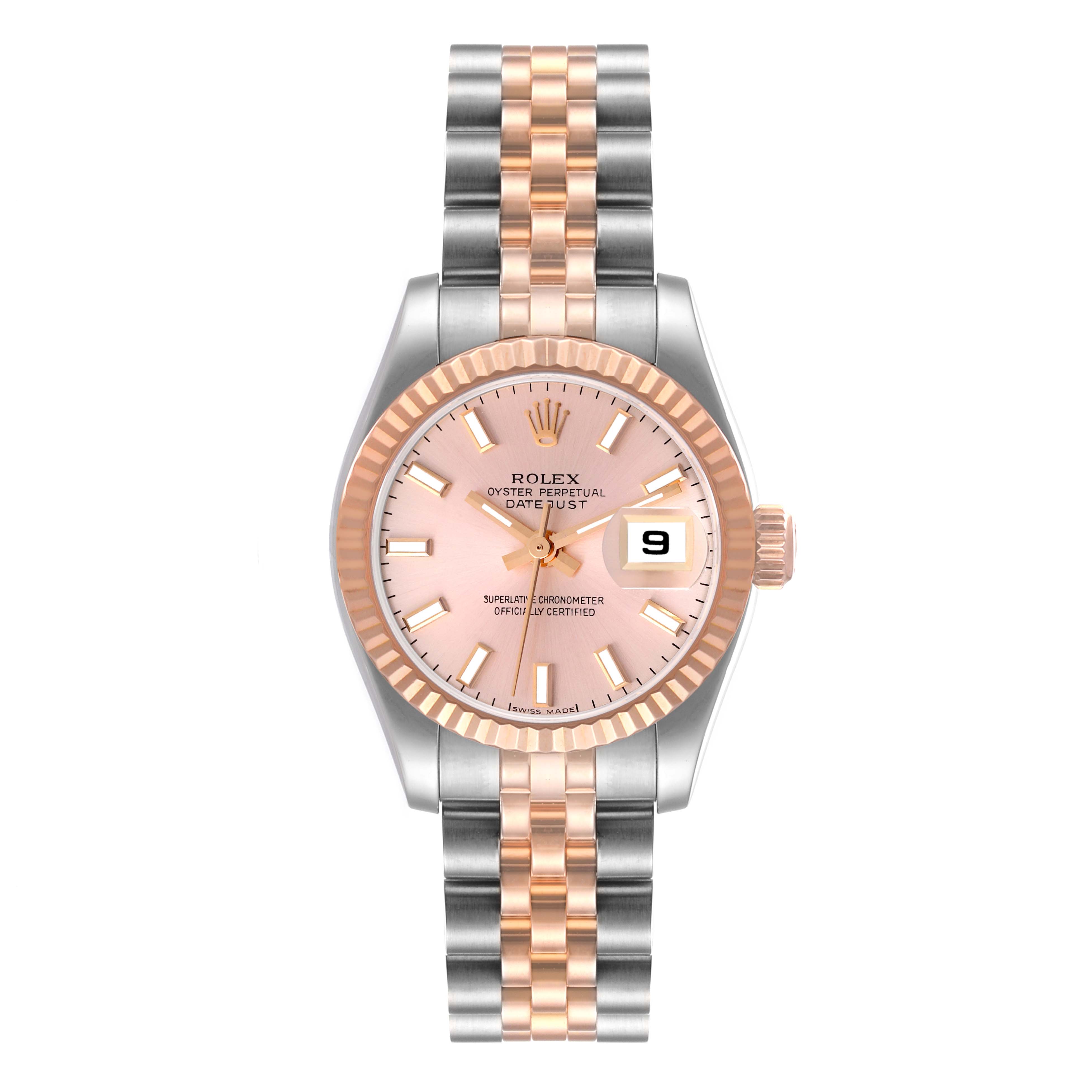 This image shows a Rolex Datejust 179171 Women's Steel and Gold (two tone) Pink Dial 179171 Women's Steel and Gold (two tone) Pink Dial watch from a front angle, displaying its face, bezel, and bracelet.