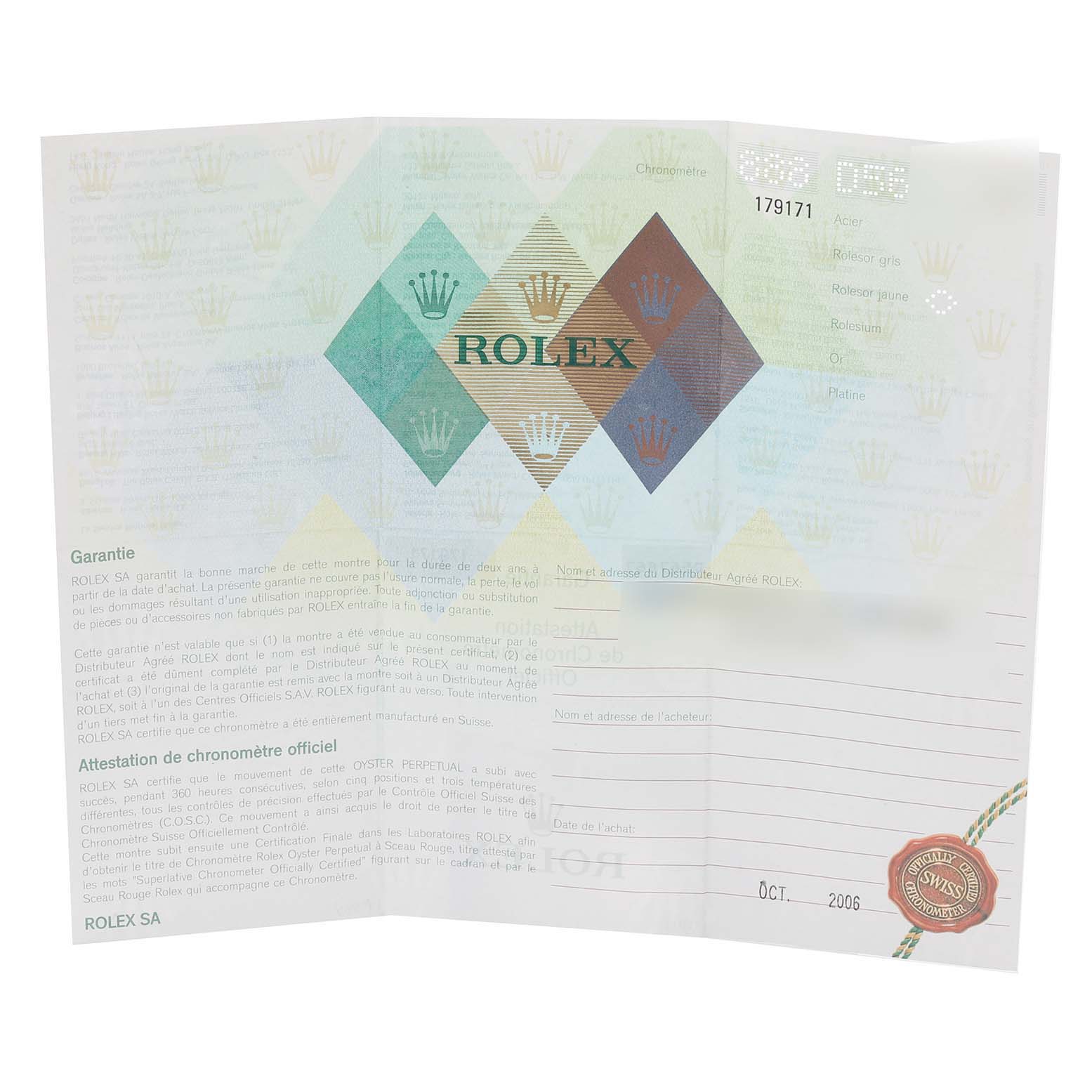 The image shows the warranty papers for the Rolex Datejust 179171 Women's Steel and Gold (two tone) Pink Dial 179171 Women's Steel and Gold (two tone) Pink Dial model, laid out flat and unfolded.