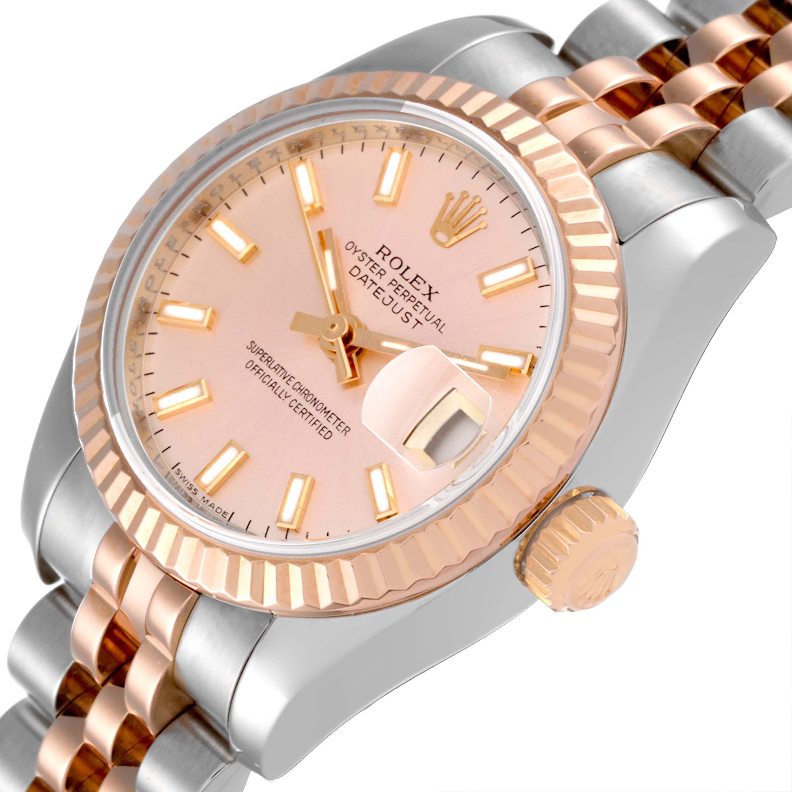 This image shows a close-up angle of a Rolex Datejust 179171 Women's Steel and Gold (two tone) Pink Dial 179171 Women's Steel and Gold (two tone) Pink Dial watch, highlighting the dial, bezel, crown, and bracelet.