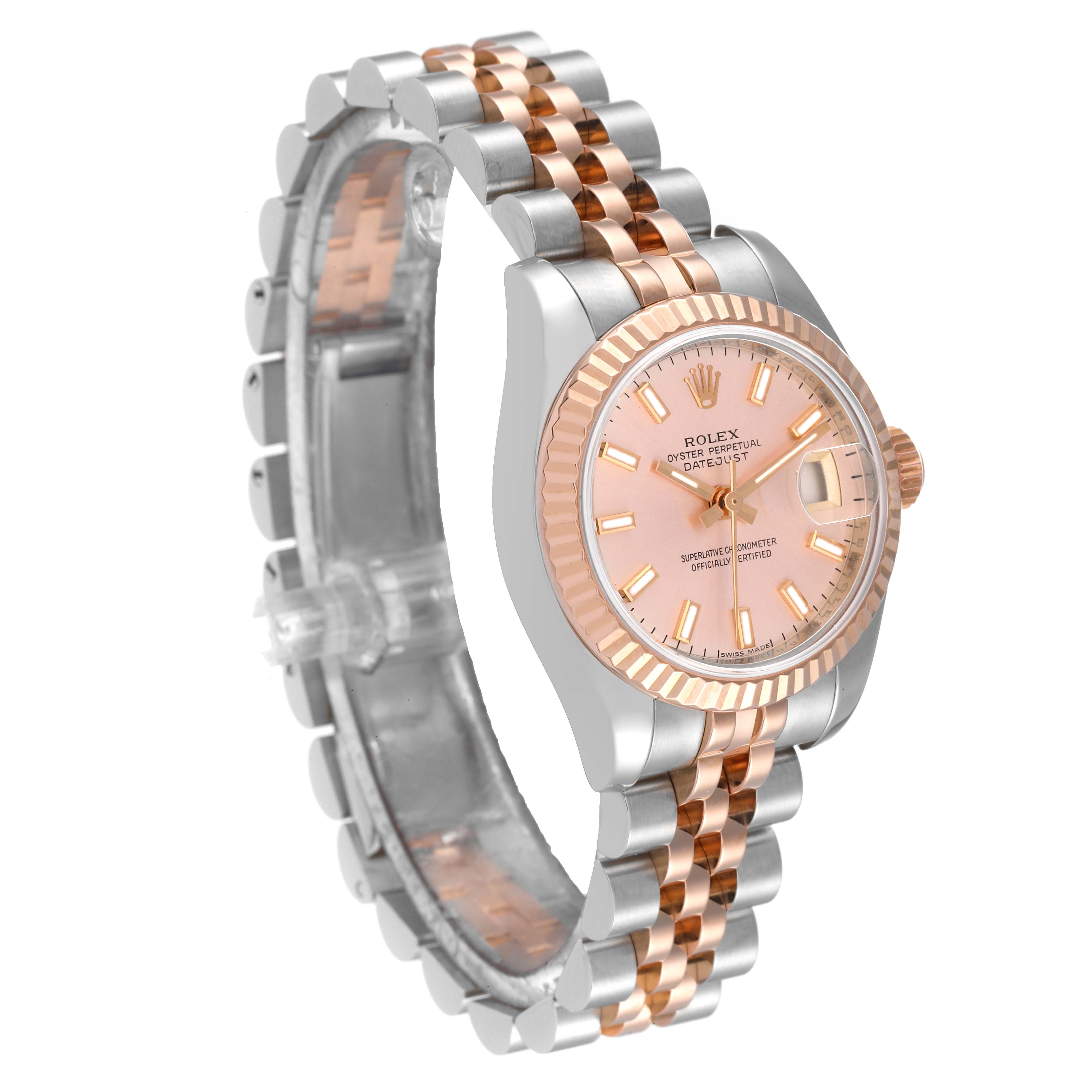 The image shows a Rolex Datejust 179171 Women's Steel and Gold (two tone) Pink Dial 179171 Women's Steel and Gold (two tone) Pink Dial watch at a left-side angle, displaying its rose gold and stainless steel bracelet and dial.
