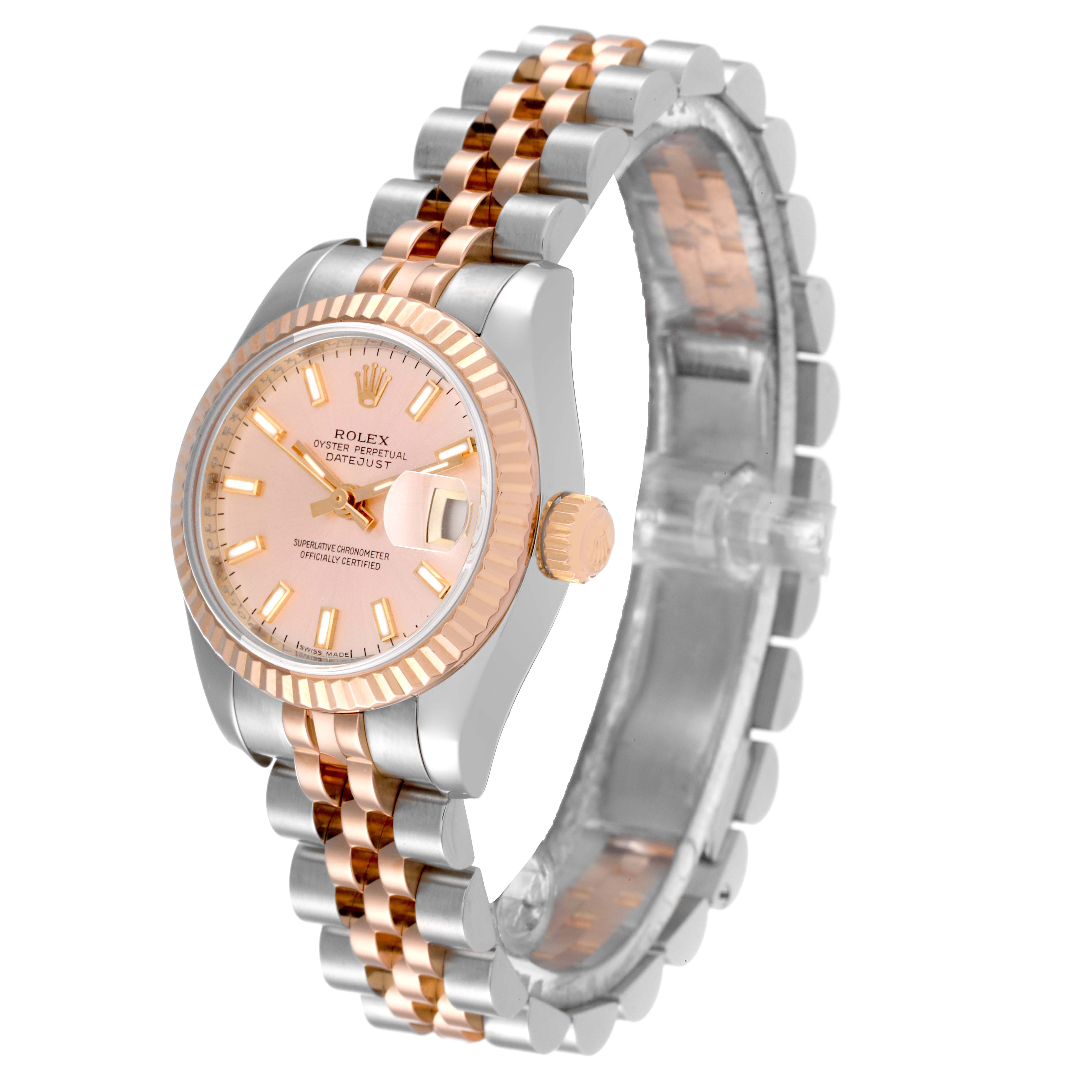 The image shows a Rolex Datejust 179171 Women's Steel and Gold (two tone) Pink Dial 179171 Women's Steel and Gold (two tone) Pink Dial watch angled to display the face, bezel, and part of the jubilee bracelet.