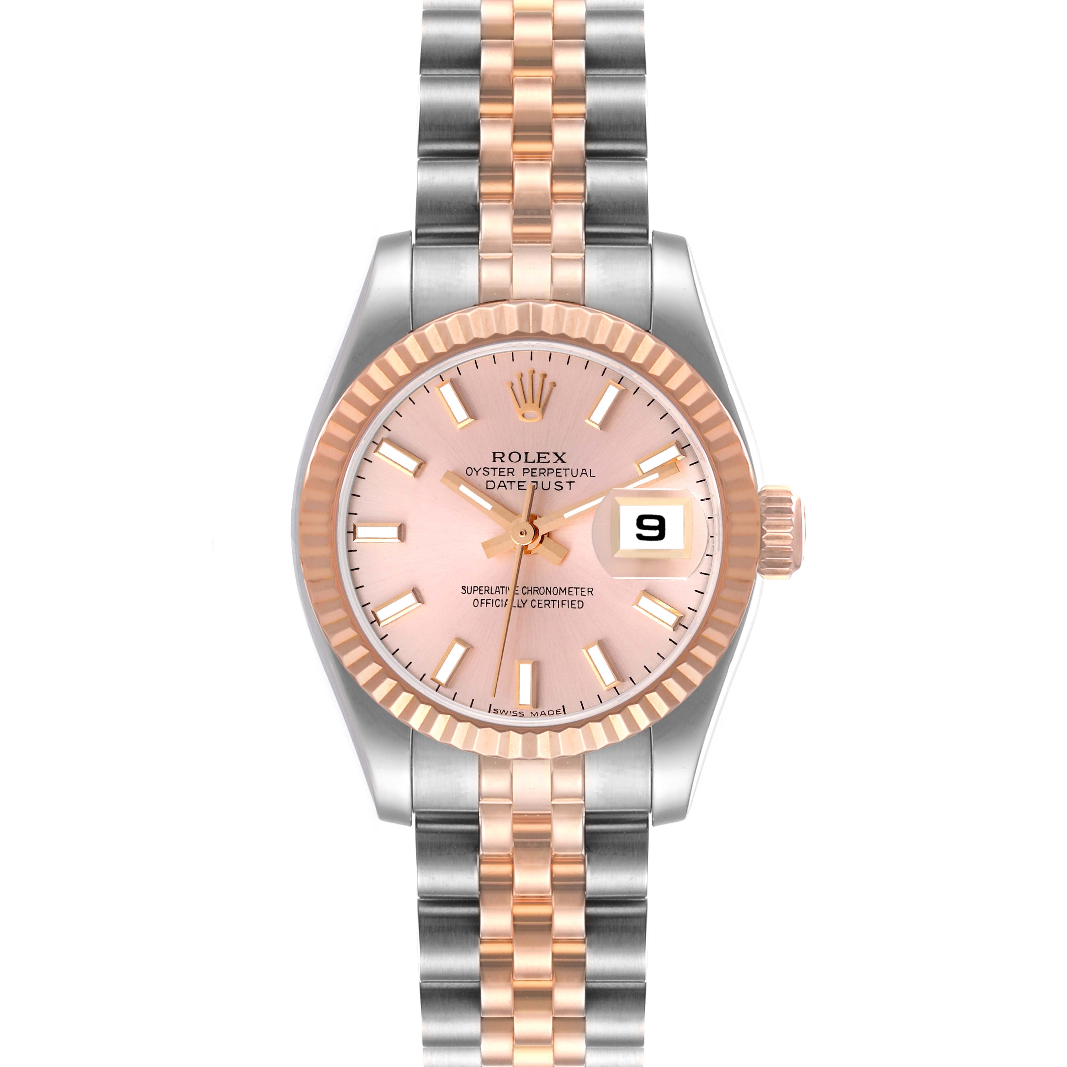 This Rolex Datejust 179171 Women's Steel and Gold (two tone) Pink Dial 179171 Women's Steel and Gold (two tone) Pink Dial watch, viewed from the front, showcases its dial, fluted bezel, and two-tone Jubilee bracelet.