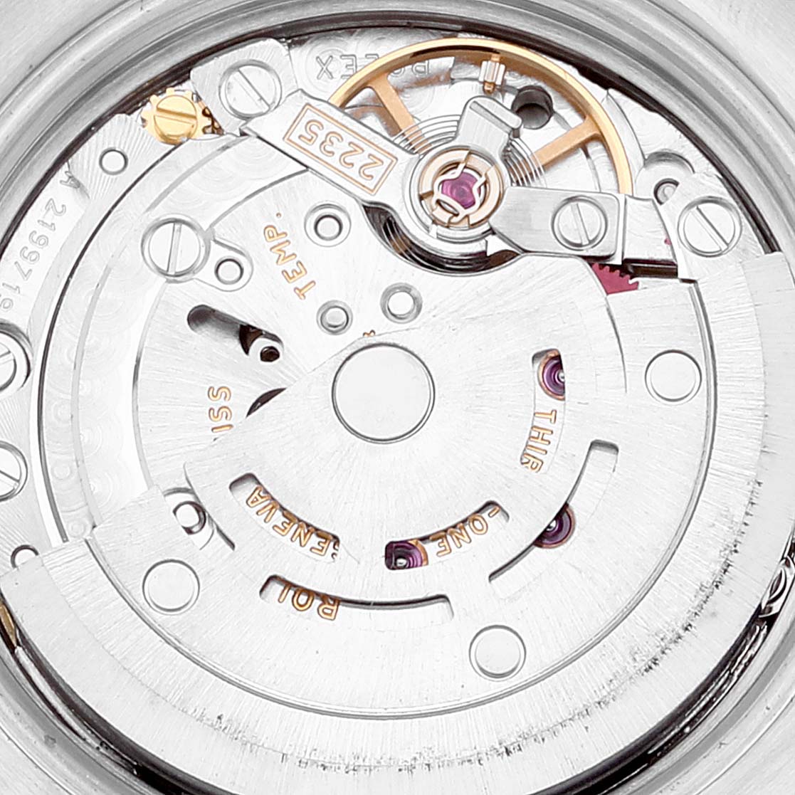 This close-up image shows the intricate inner mechanical components of the Rolex Datejust 179171 Women's Steel and Gold (two tone) Pink Dial 179171 Women's Steel and Gold (two tone) Pink Dial watch movement.