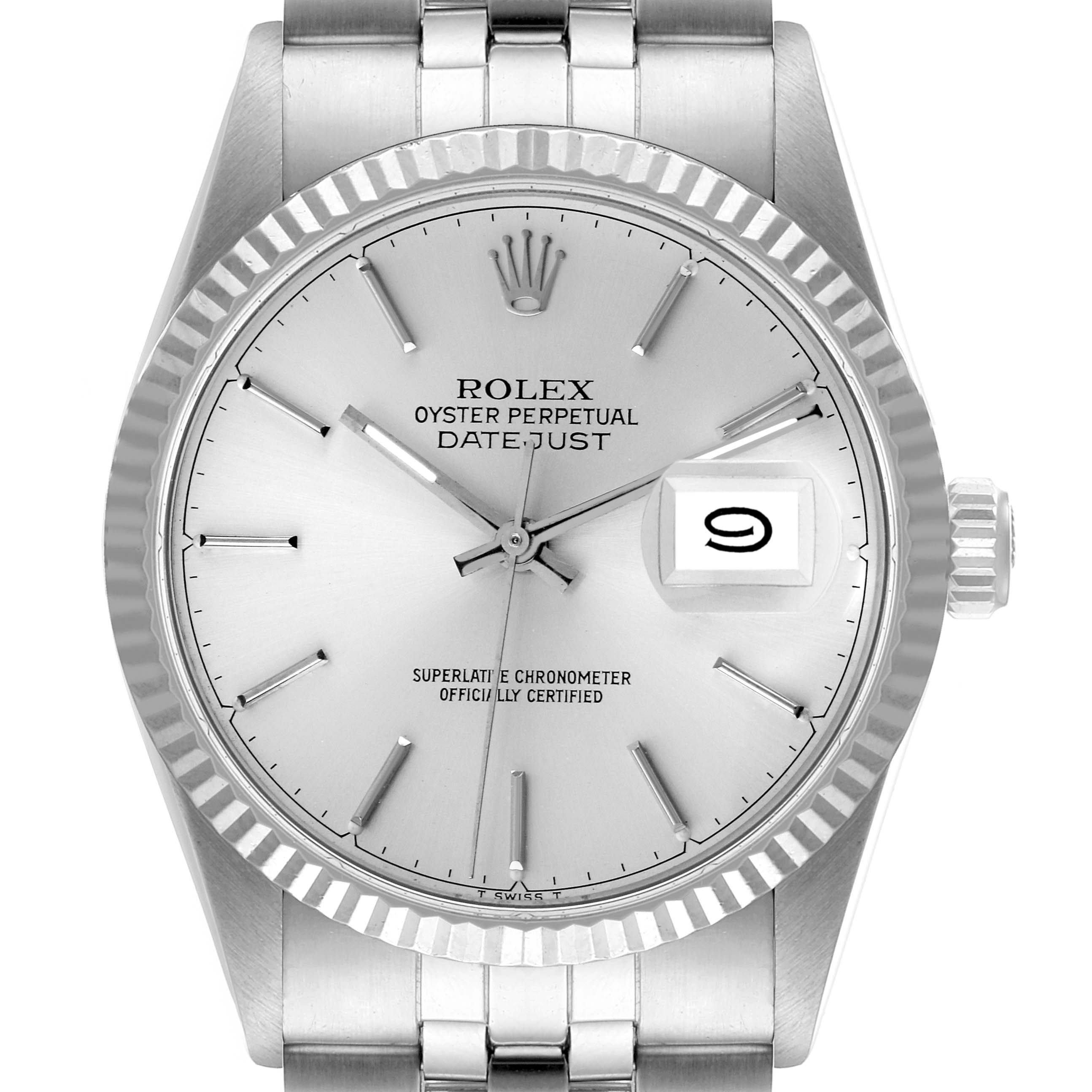 The image shows a frontal view of a Rolex Vintage Collection 16014 Men
s Stainless Steel Silver Dial 16014 Men
s Stainless Steel Silver Dial Oyster Perpetual Datejust watch, displaying the dial, date window, and bracelet.